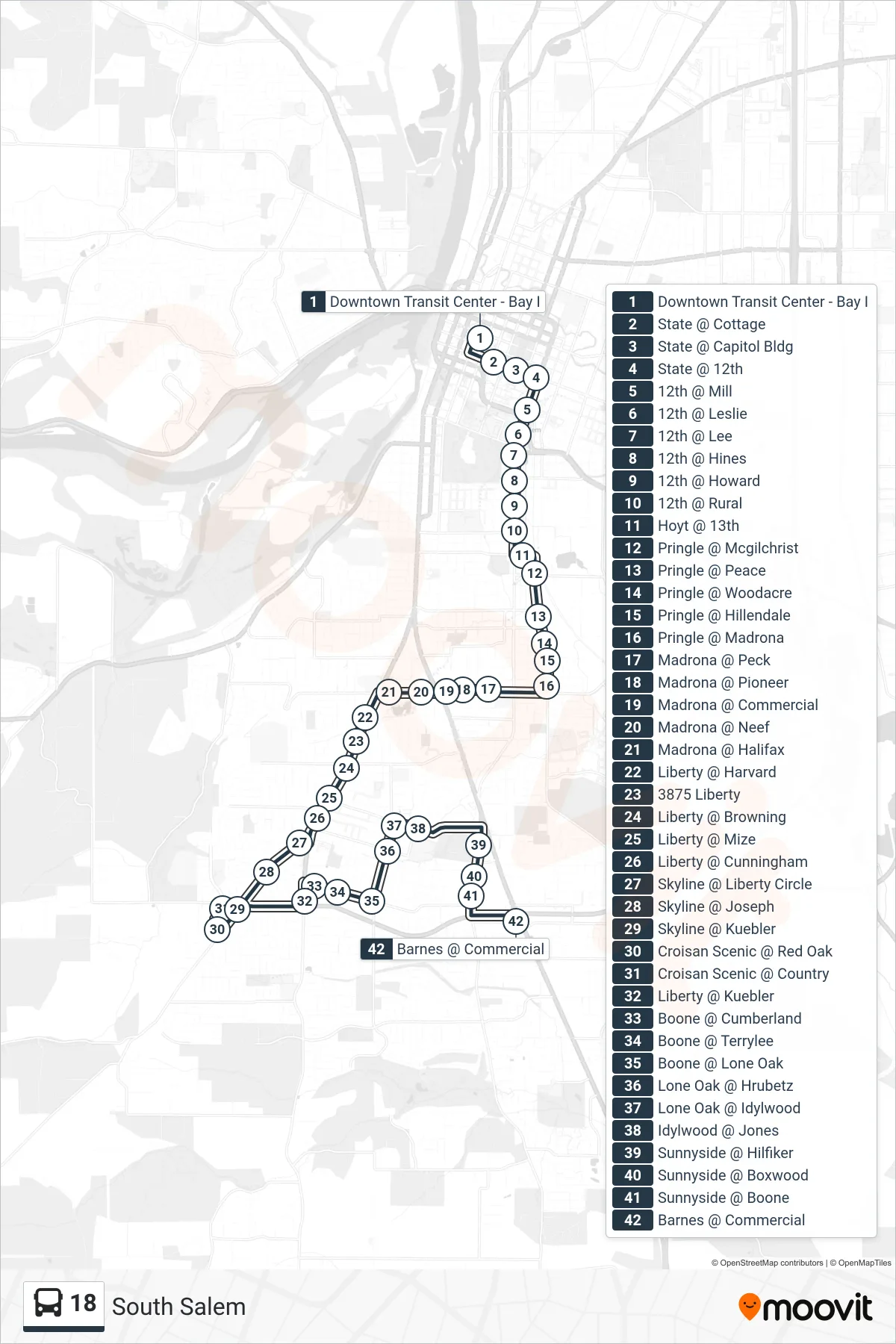 18 bus Line (South Salem) route and stops on a map