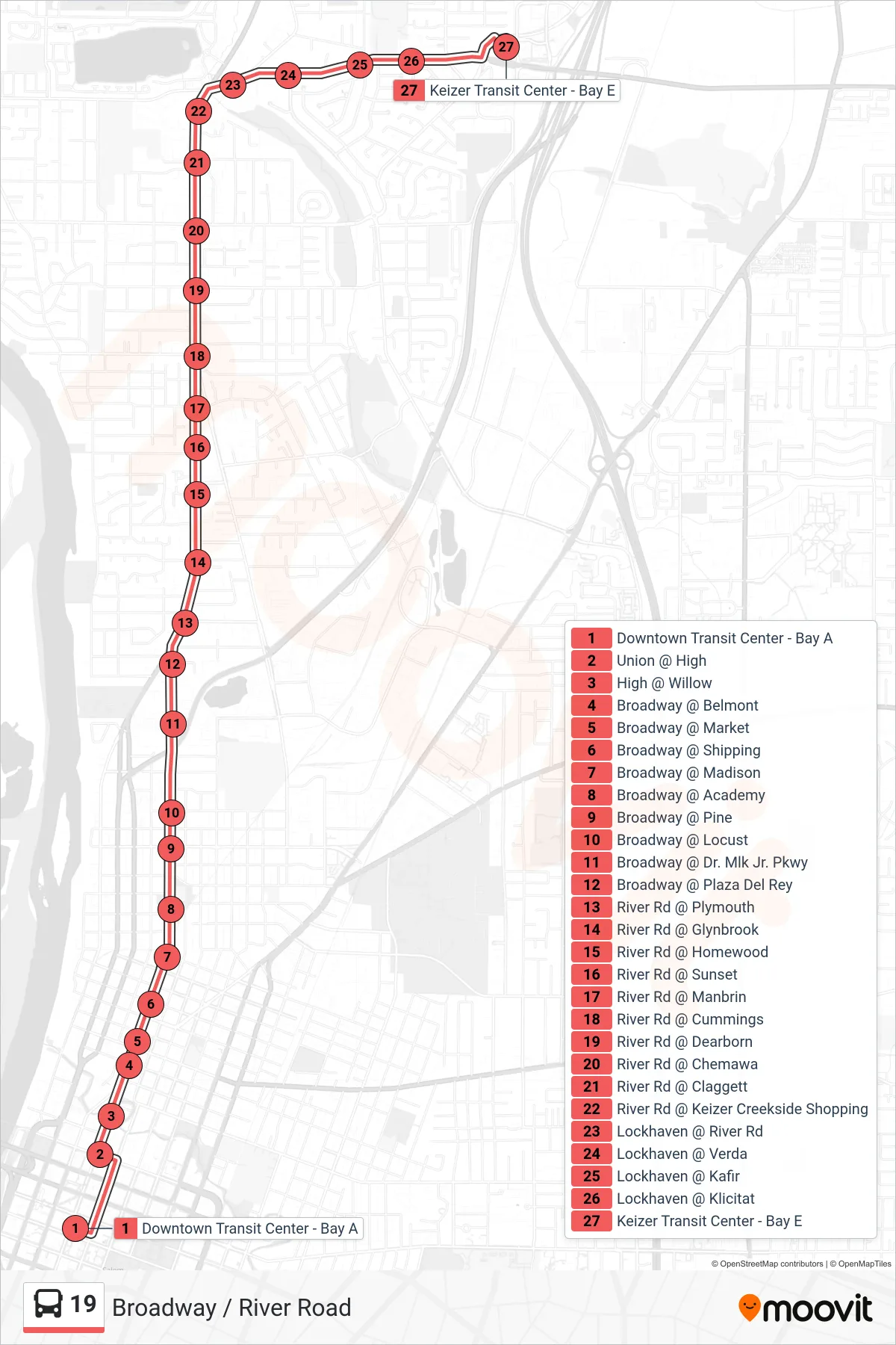 19 bus Line (Keizer TC) route and stops on a map