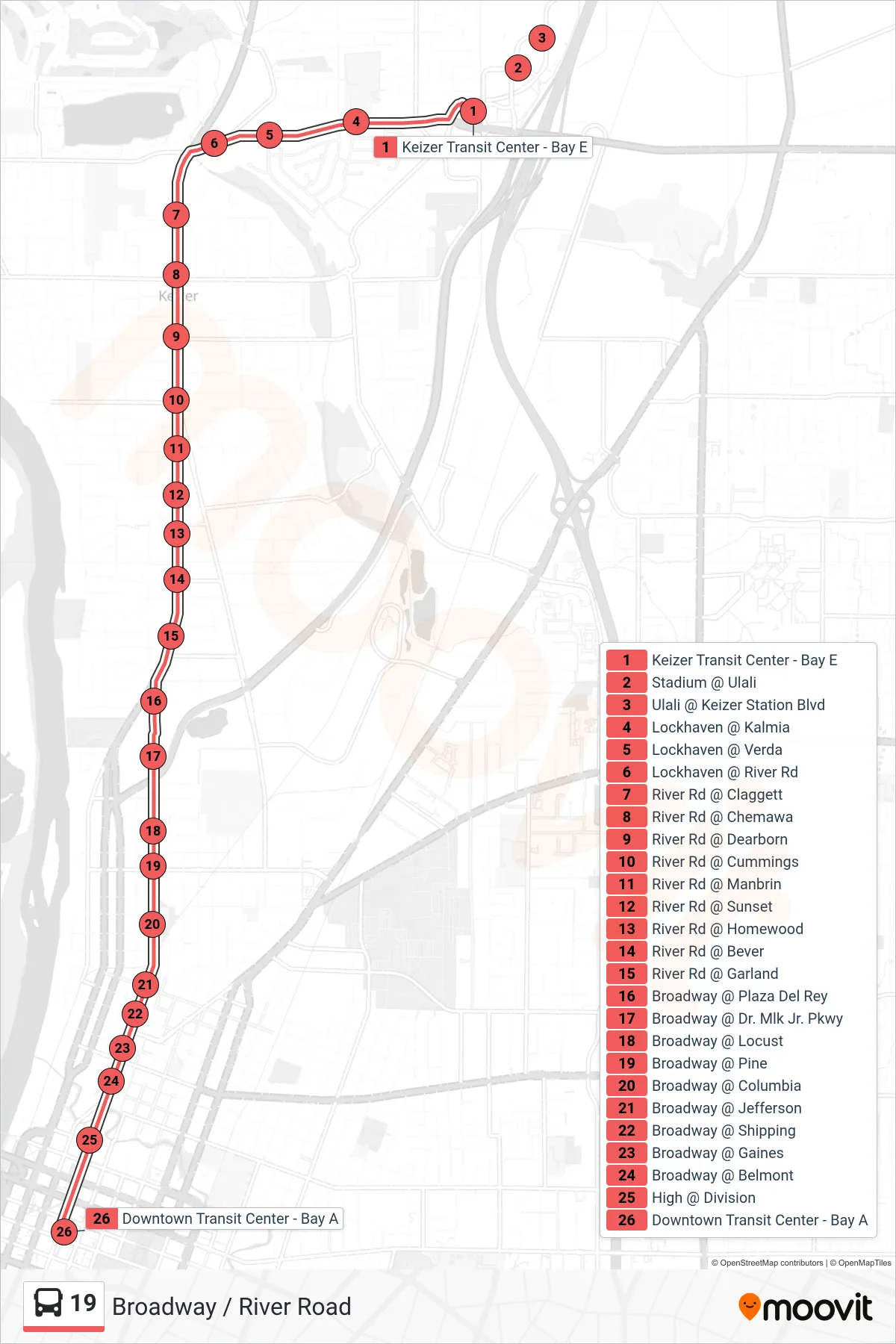 19 bus Line (Downtown TC) route and stops on a map