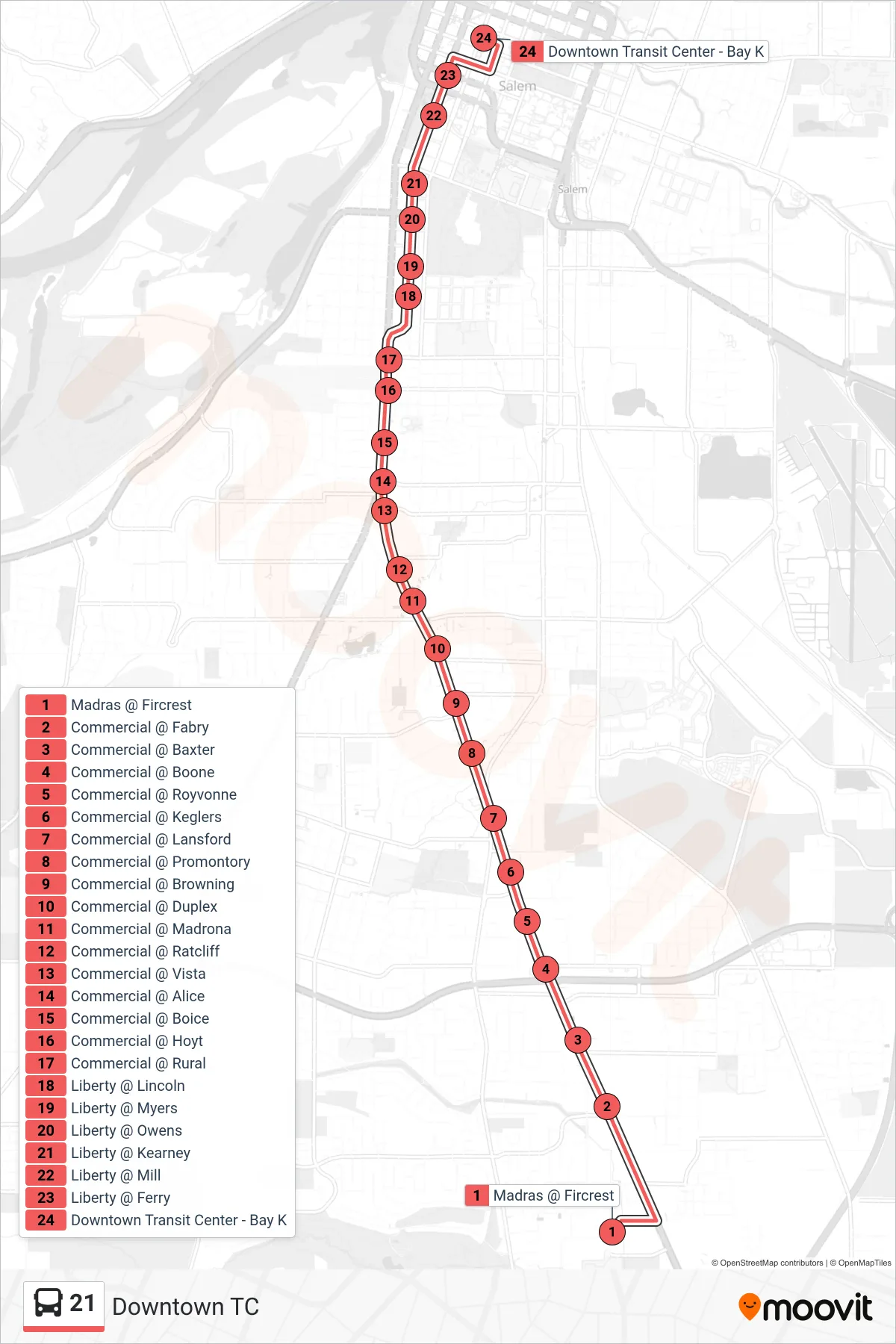 21 bus Line (Downtown TC) route and stops on a map