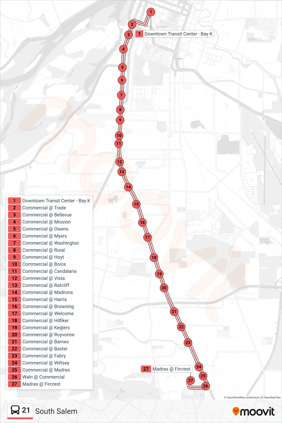 21 bus Line (South Salem) route and stops on a map
