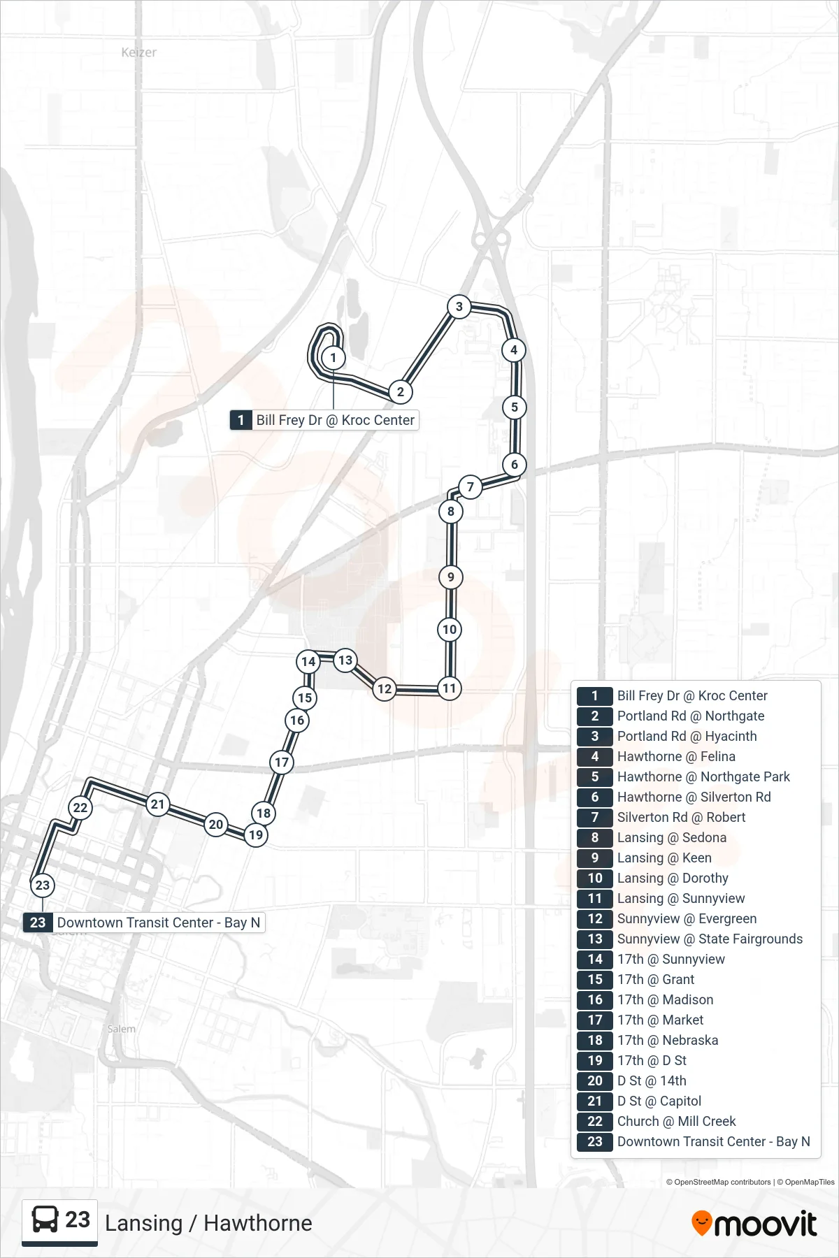 23 bus Line (Downtown TC) route and stops on a map