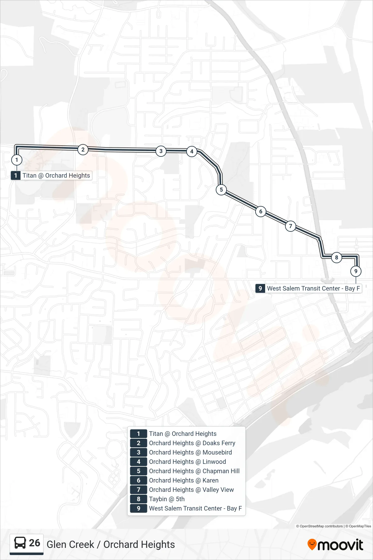 26 bus Line (West Salem TC) route and stops on a map