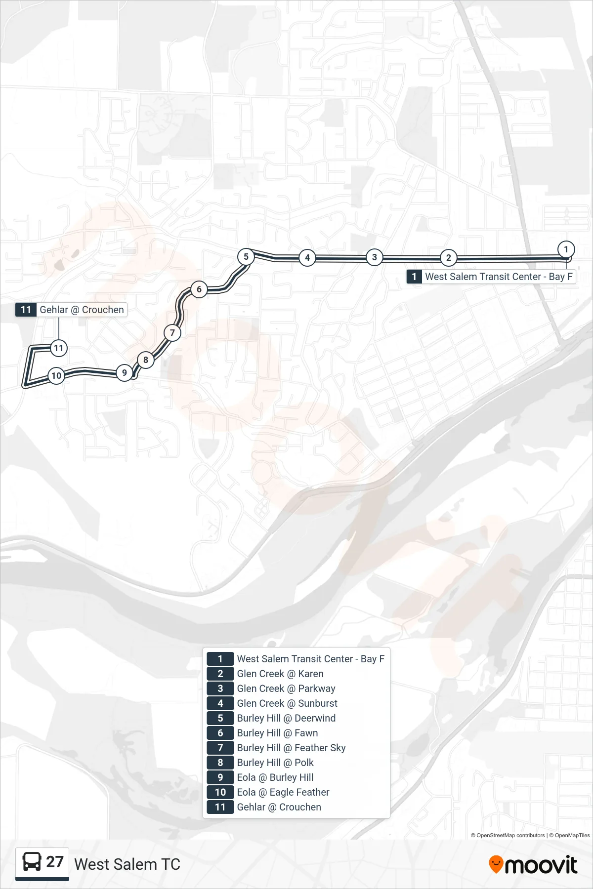 27 bus Line (West Salem TC) route and stops on a map