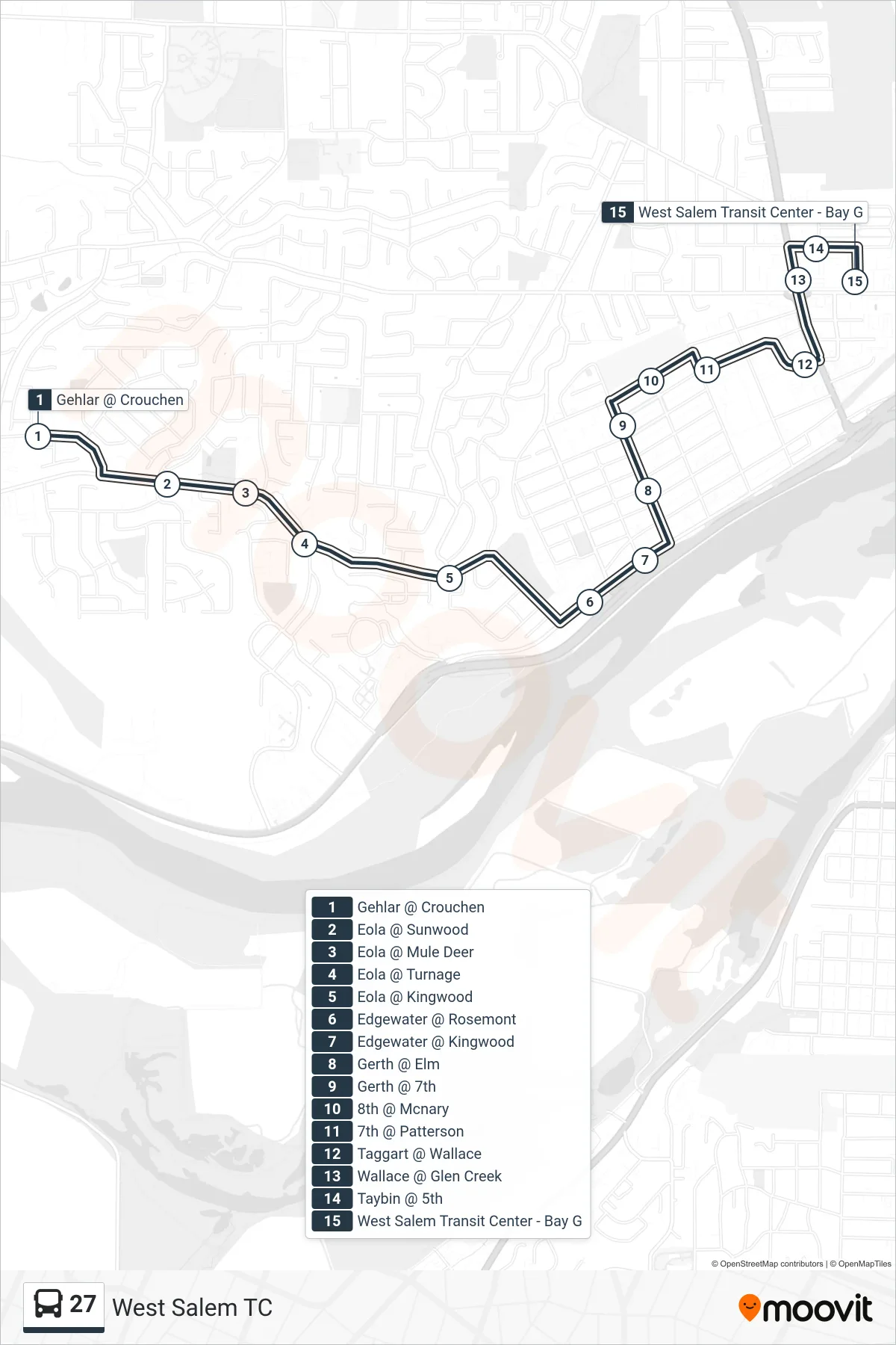 27 bus Line (West Salem TC) route and stops on a map
