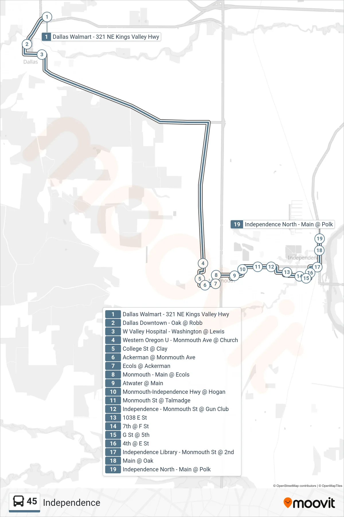 45 bus Line (Independence) route and stops on a map