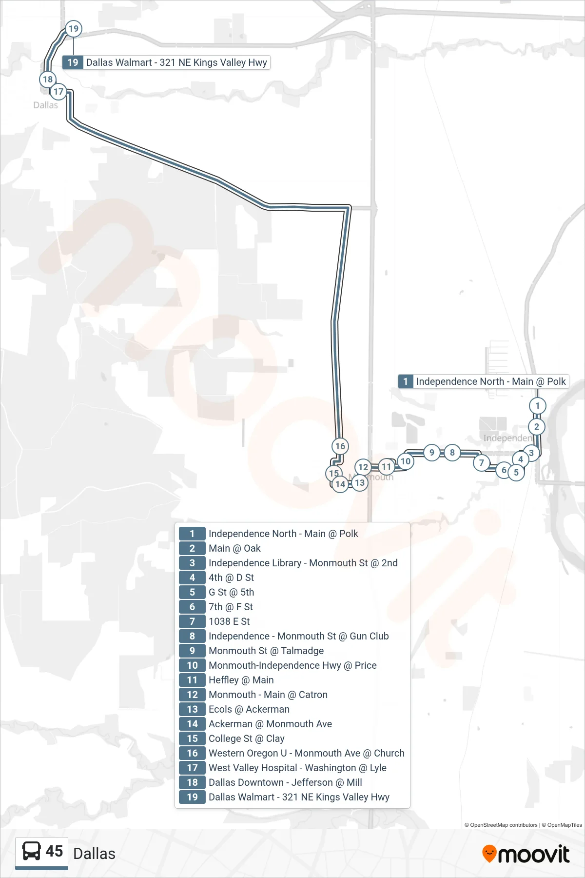 45 bus Line (Dallas) route and stops on a map