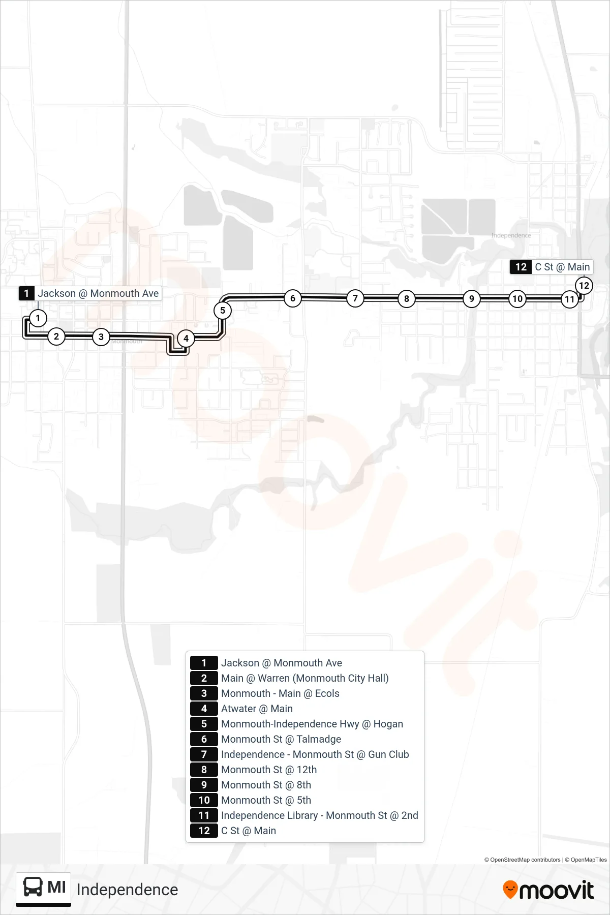 MI bus Line (Independence) route and stops on a map