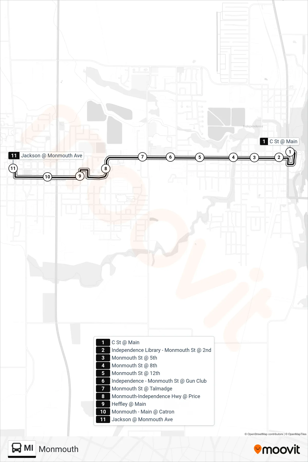 MI bus Line (Monmouth) route and stops on a map