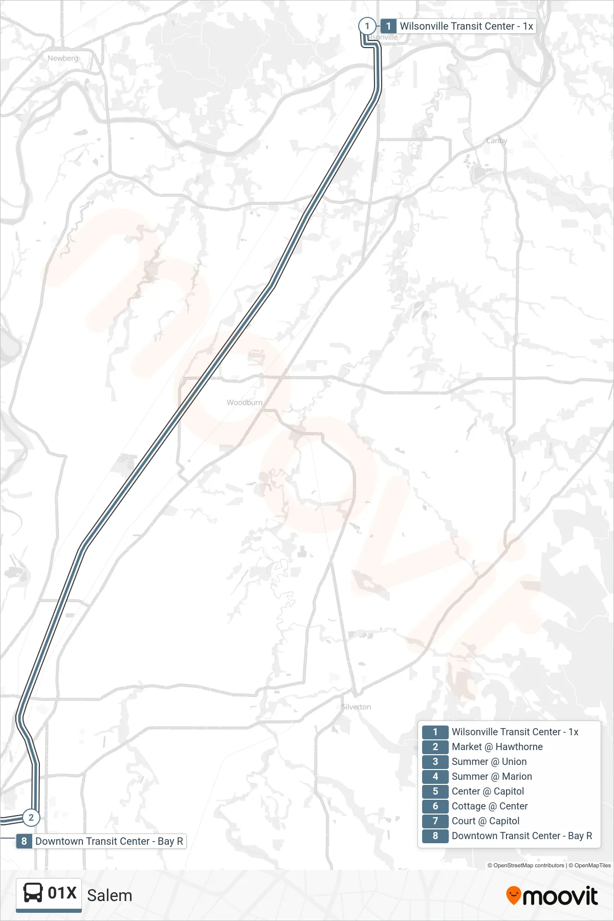 01X bus Line (Salem) route and stops on a map