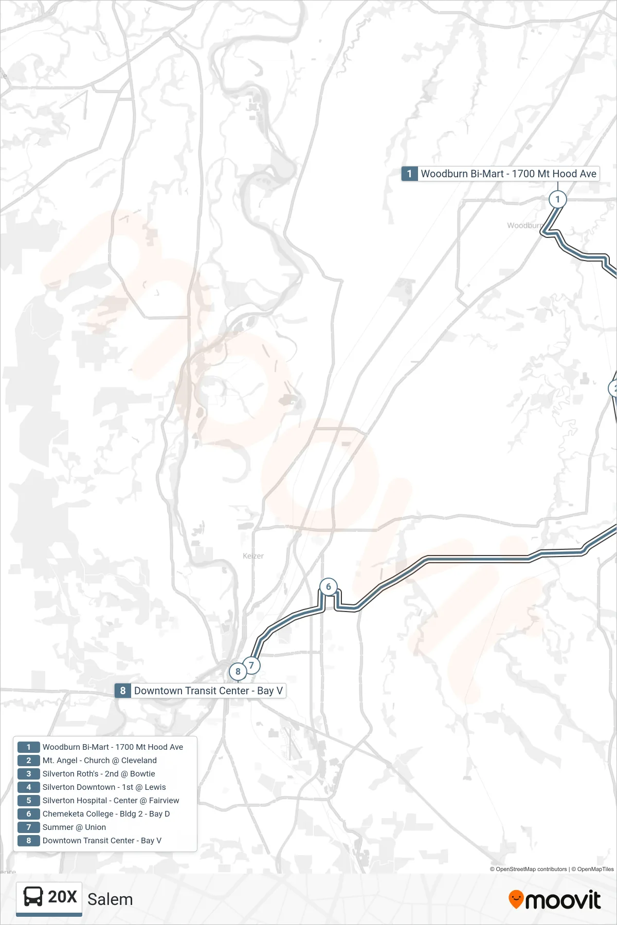 20X bus Line (Salem) route and stops on a map