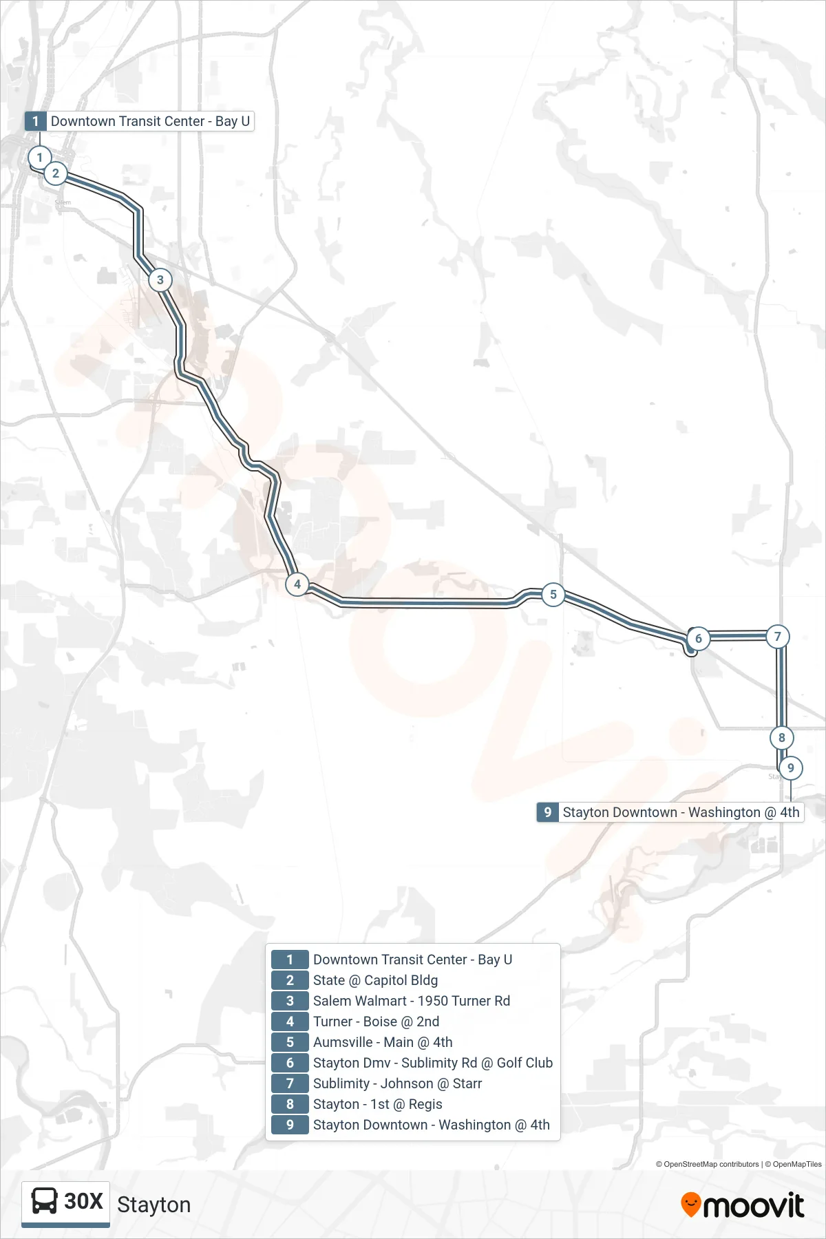 30X bus Line (Stayton) route and stops on a map