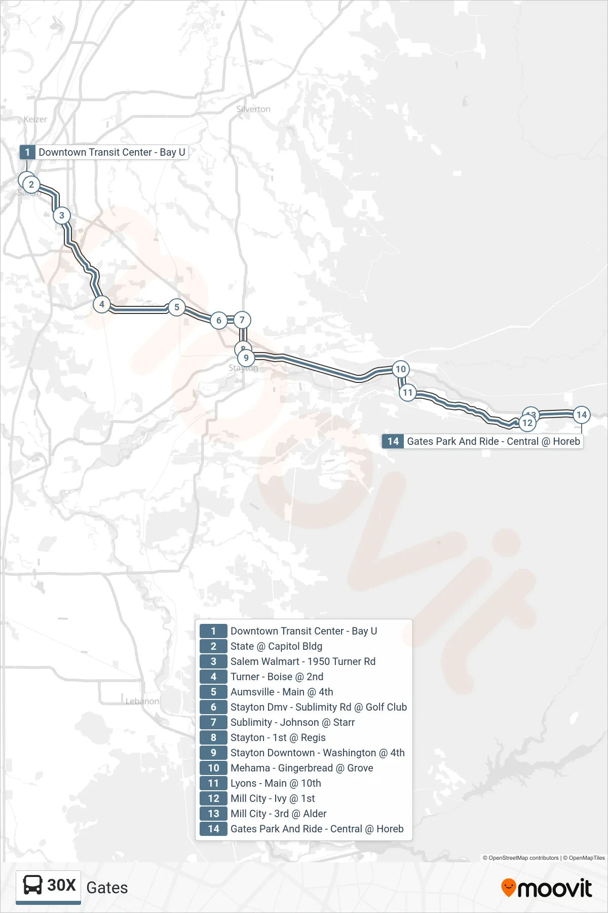 30X bus Line (Gates) route and stops on a map