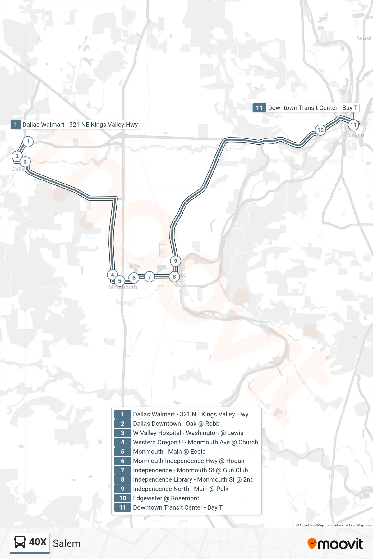 40X bus Line (Salem) route and stops on a map