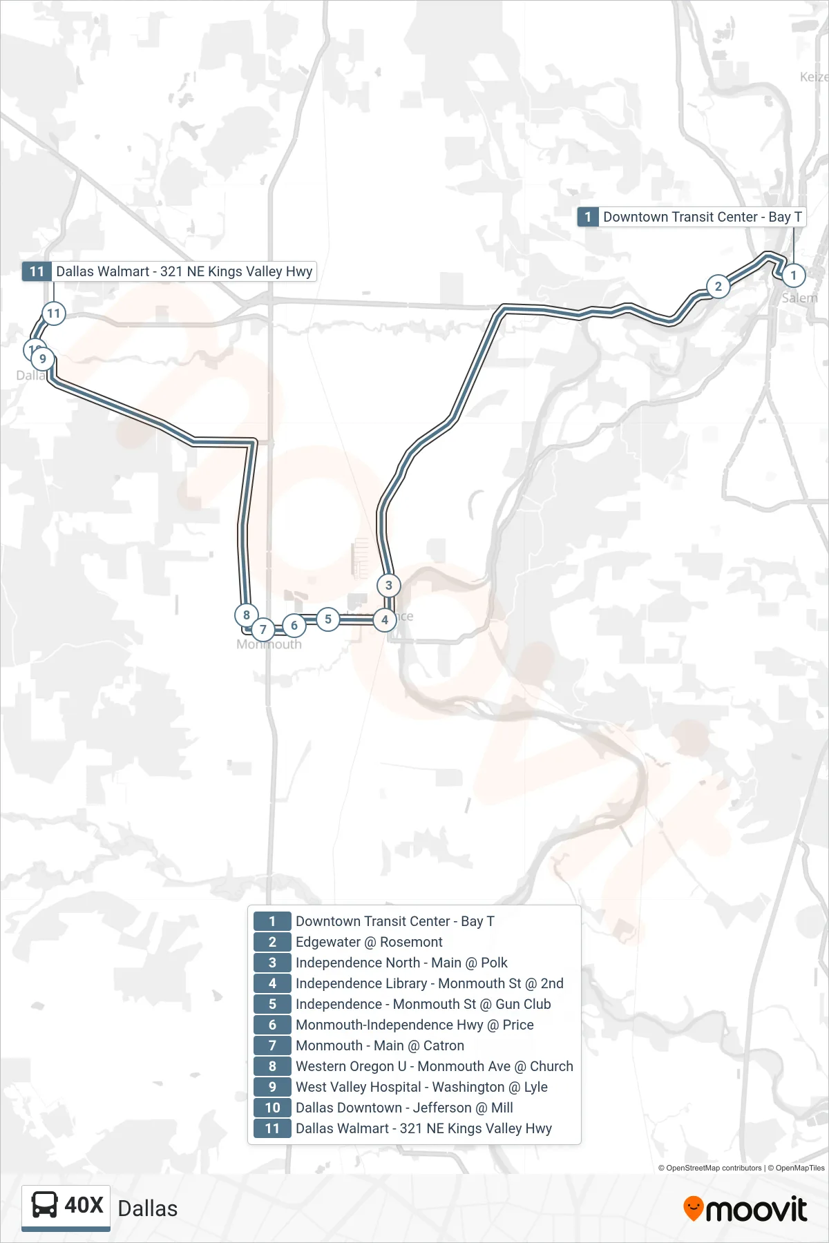 40X bus Line (Dallas) route and stops on a map