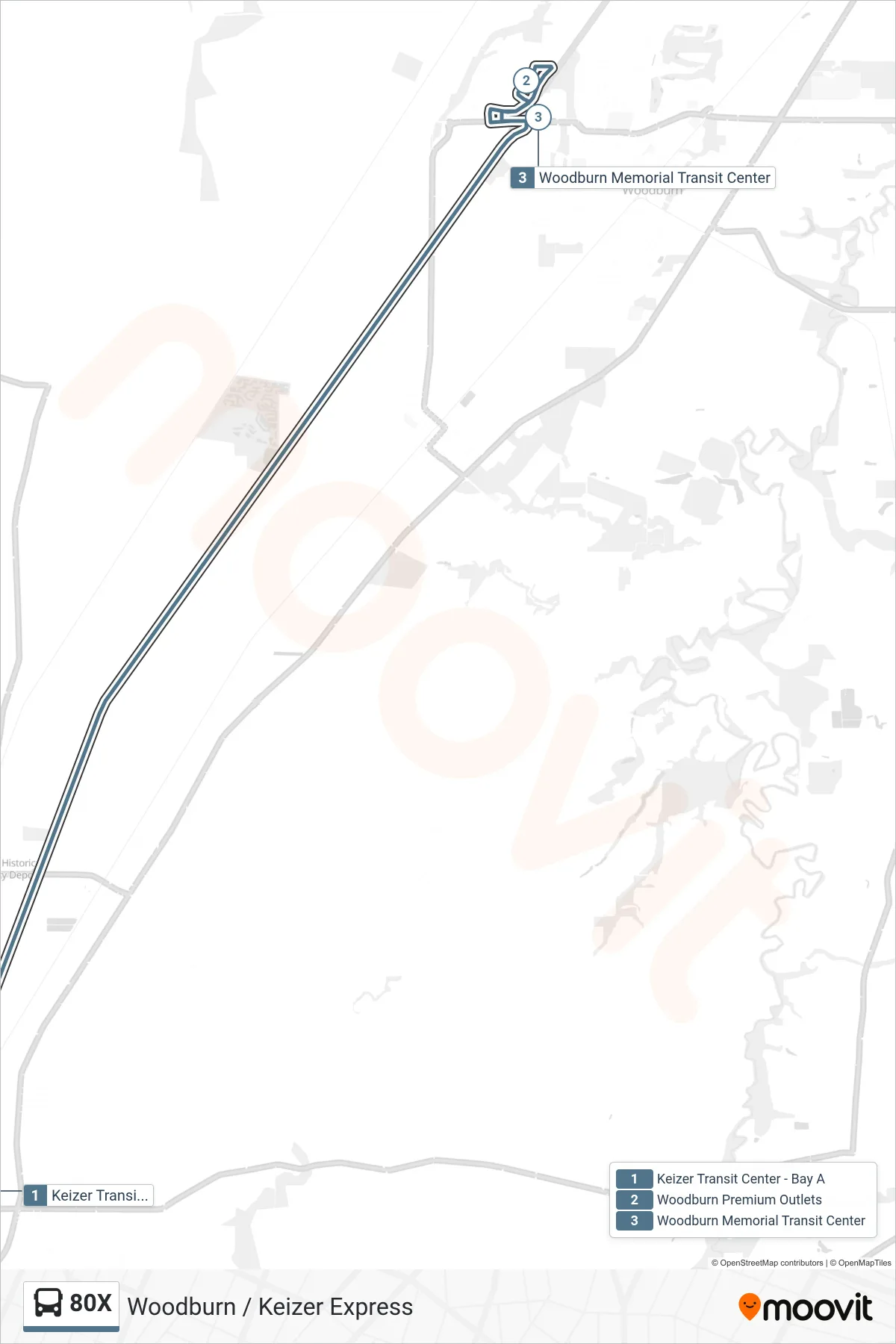80X bus Line (Woodburn) route and stops on a map