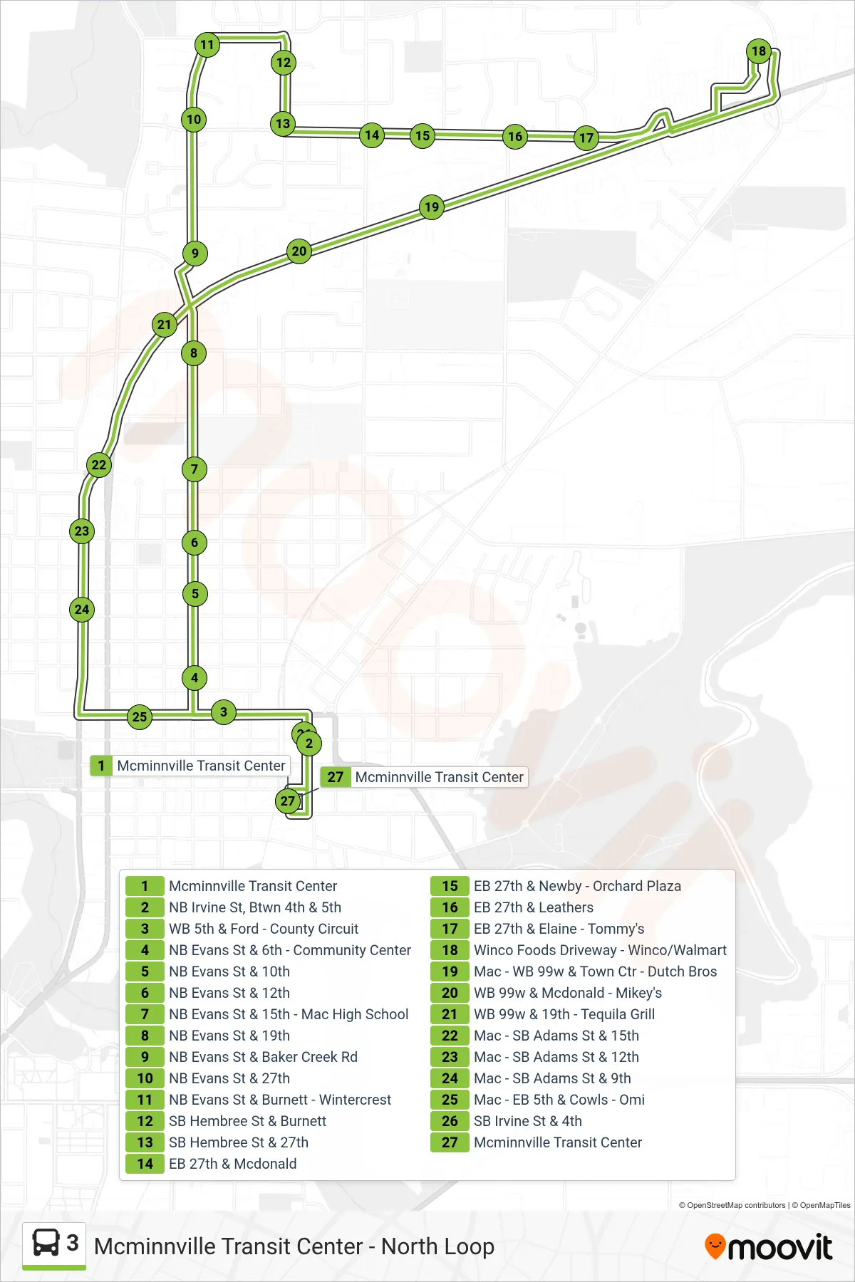 3 bus Line (Mcminnville Transit Center - North Loop) route and stops on a map