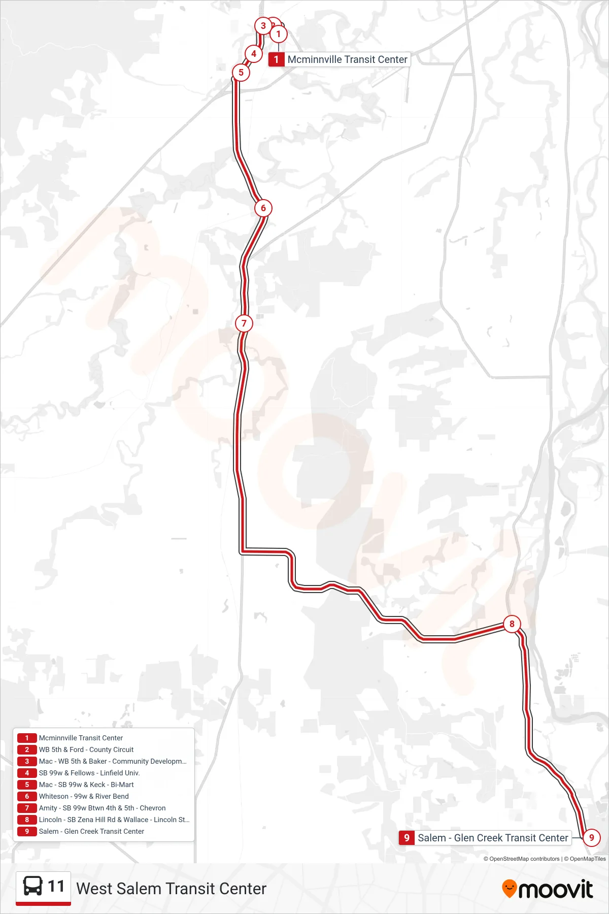 11 bus Line (West Salem Transit Center) route and stops on a map