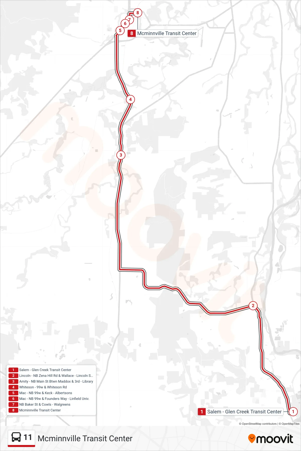 11 bus Line (Mcminnville Transit Center) route and stops on a map