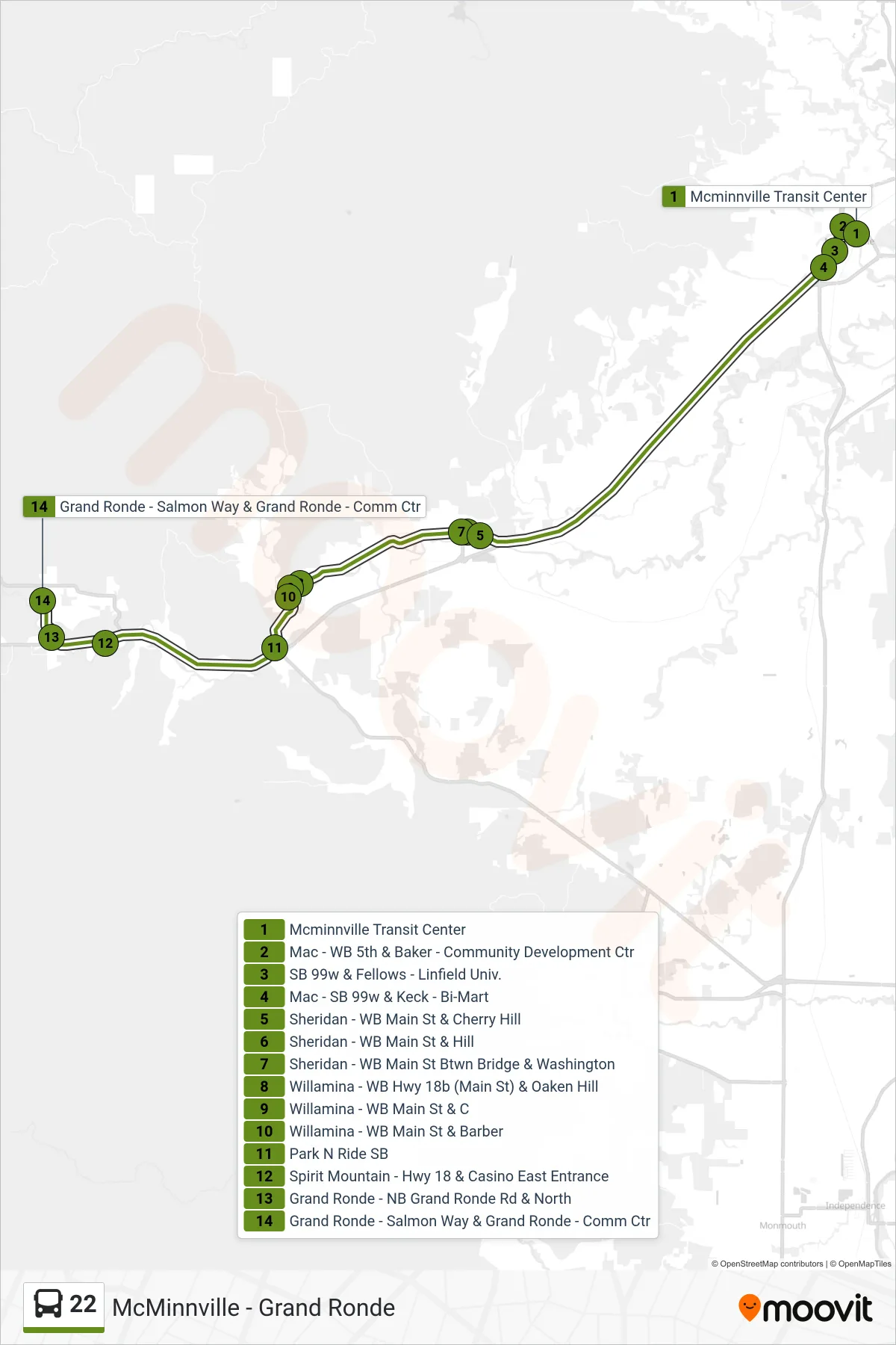 22 bus Line (Grand Ronde Community Center) route and stops on a map