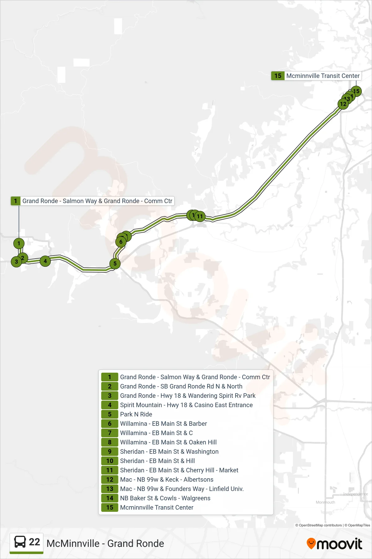 22 bus Line (Mcminnville Transit Center) route and stops on a map