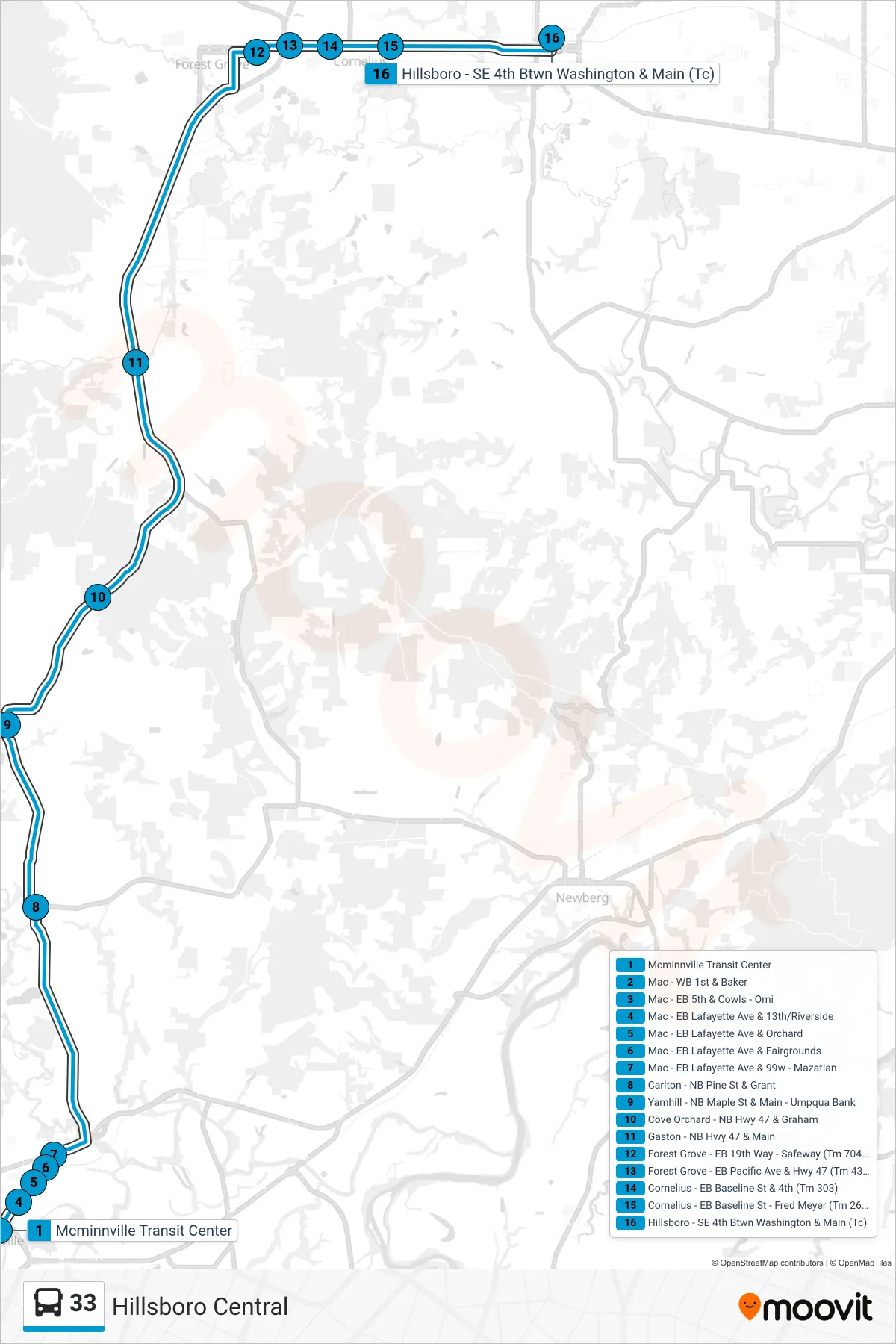33 bus Line (Hillsboro Central) route and stops on a map