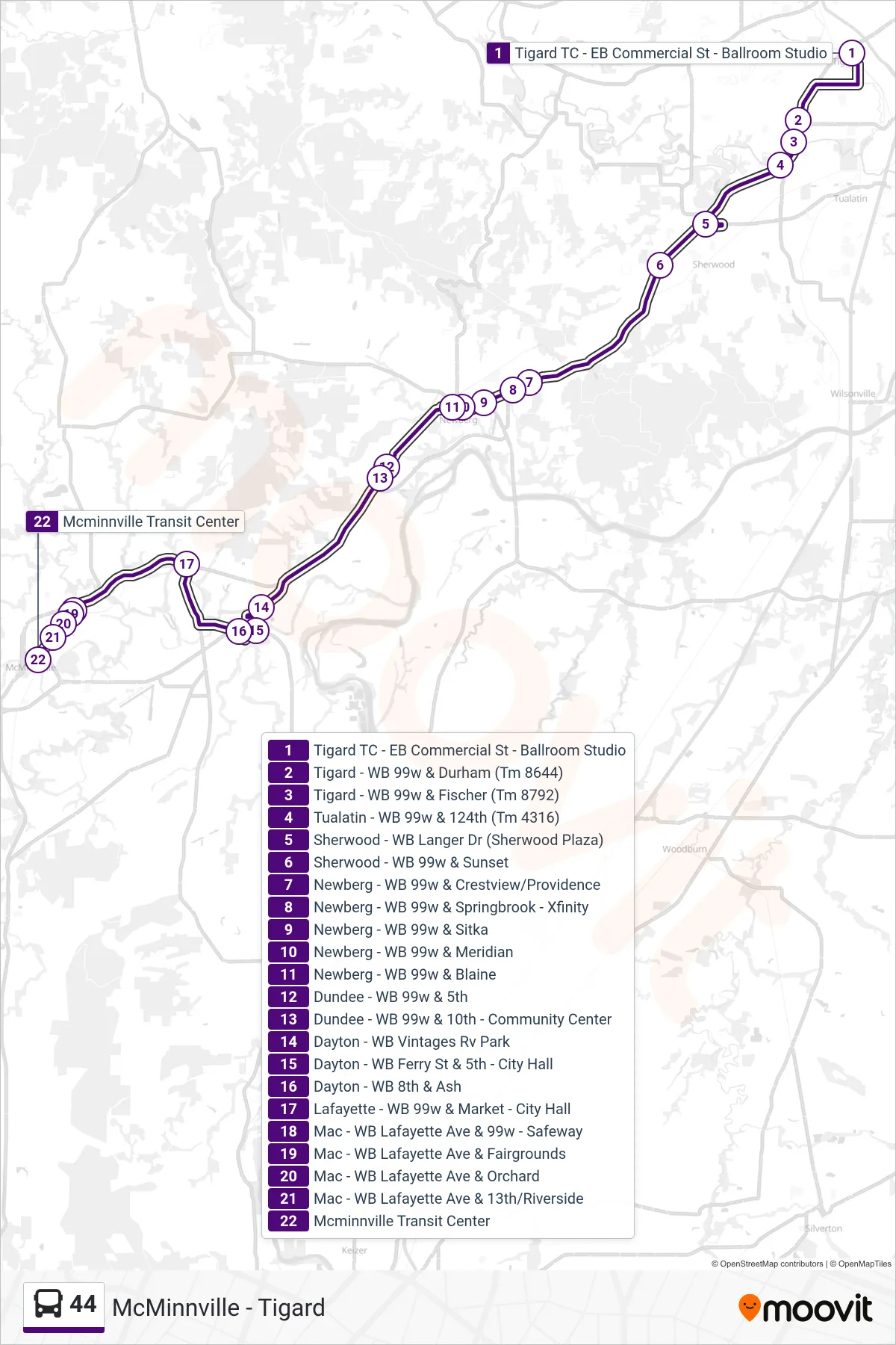 44 bus Line (Mcminnville Transit Center) route and stops on a map