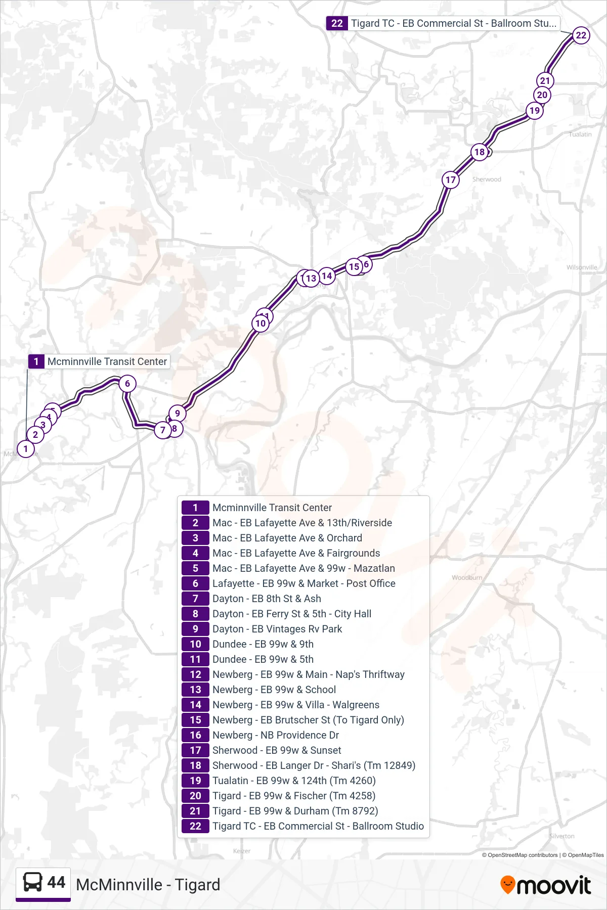 44 bus Line (Tigard Transit Center) route and stops on a map