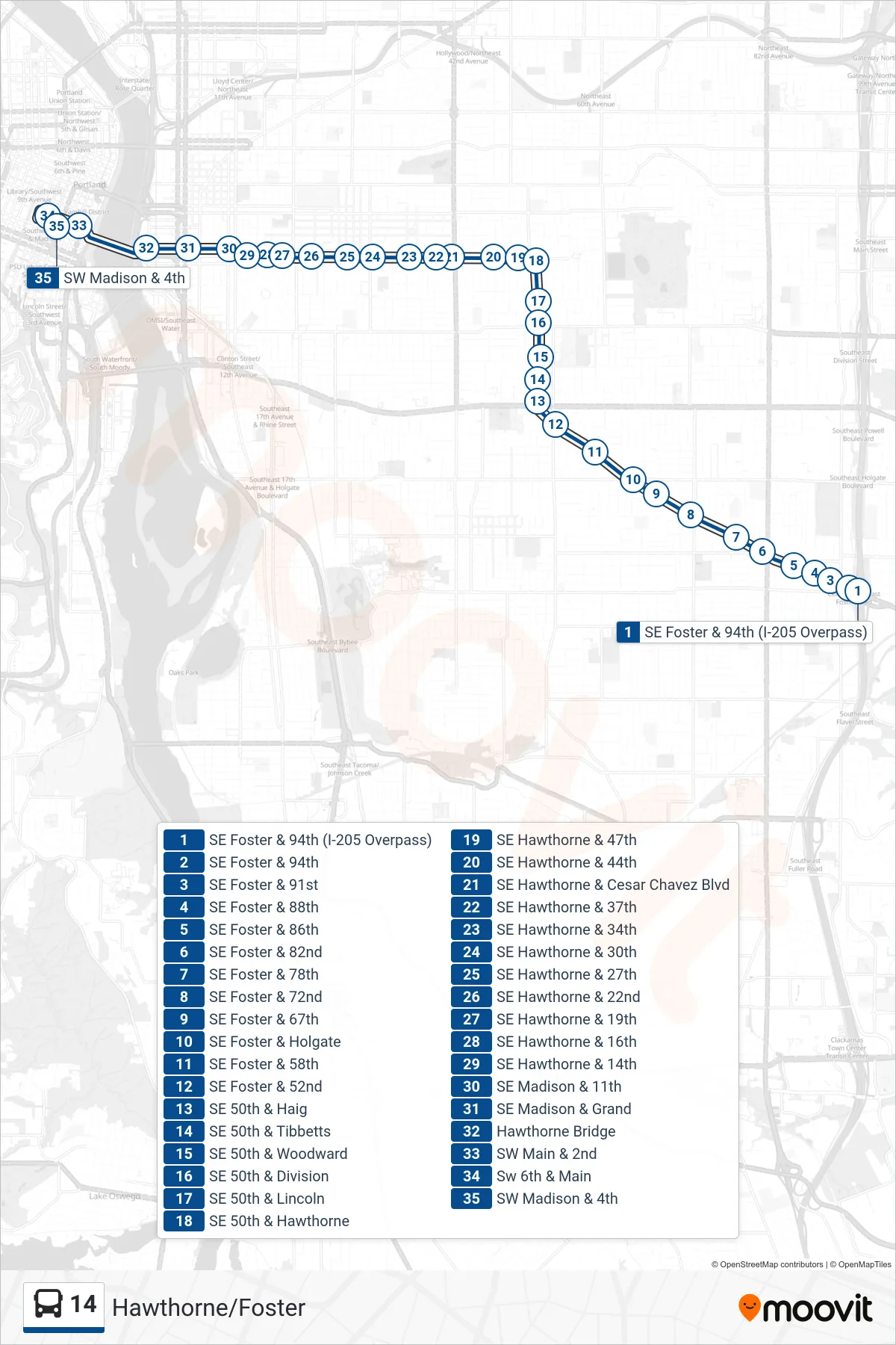 14 bus Line (SW Madison & 4th) route and stops on a map