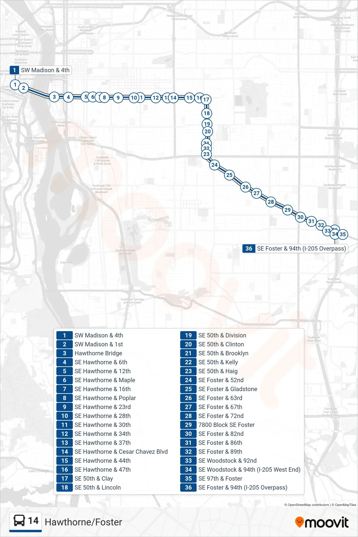 14 bus Line (SE Foster & 94th (I-205 Overpass)) route and stops on a map
