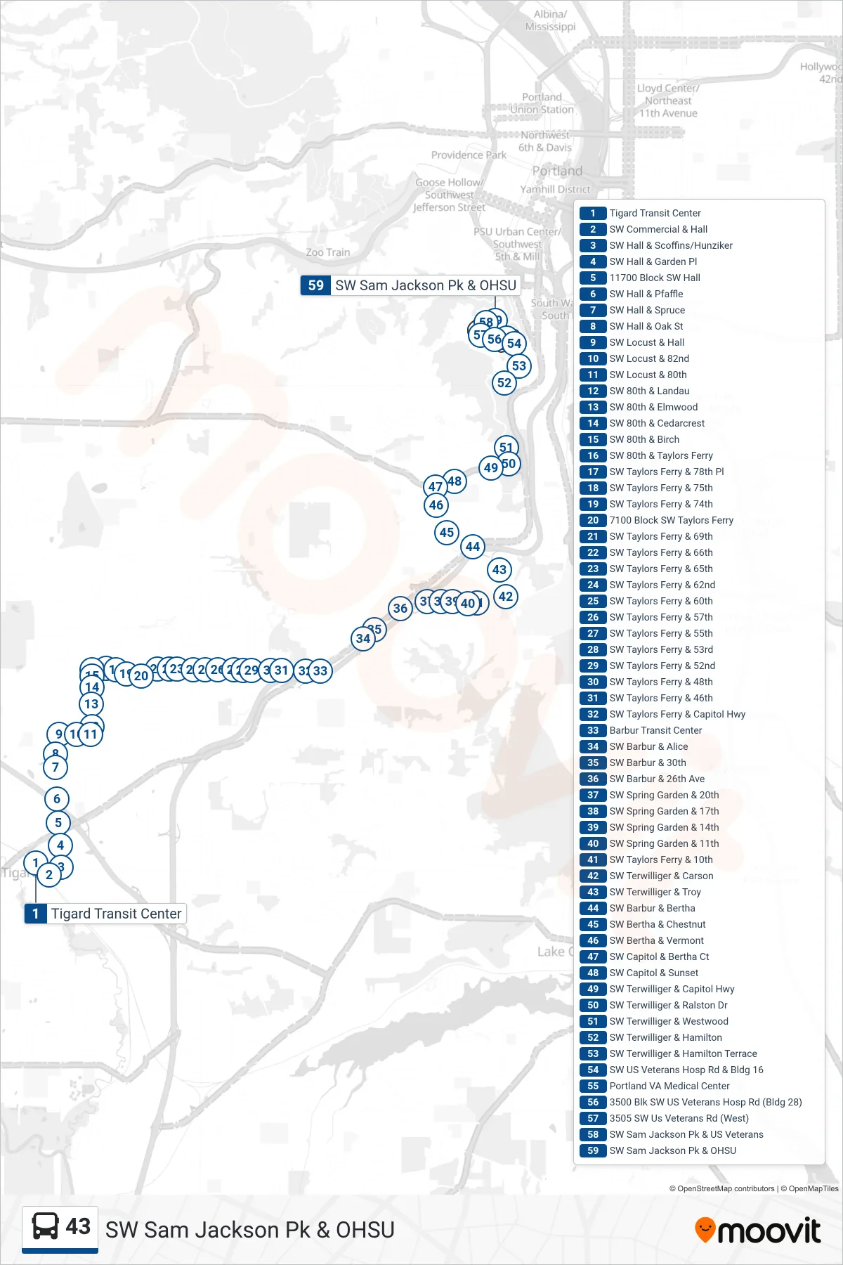 43 bus Line (SW Sam Jackson Pk & OHSU) route and stops on a map