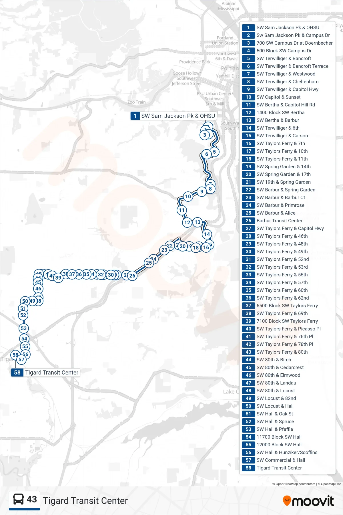 43 bus Line (Tigard Transit Center) route and stops on a map