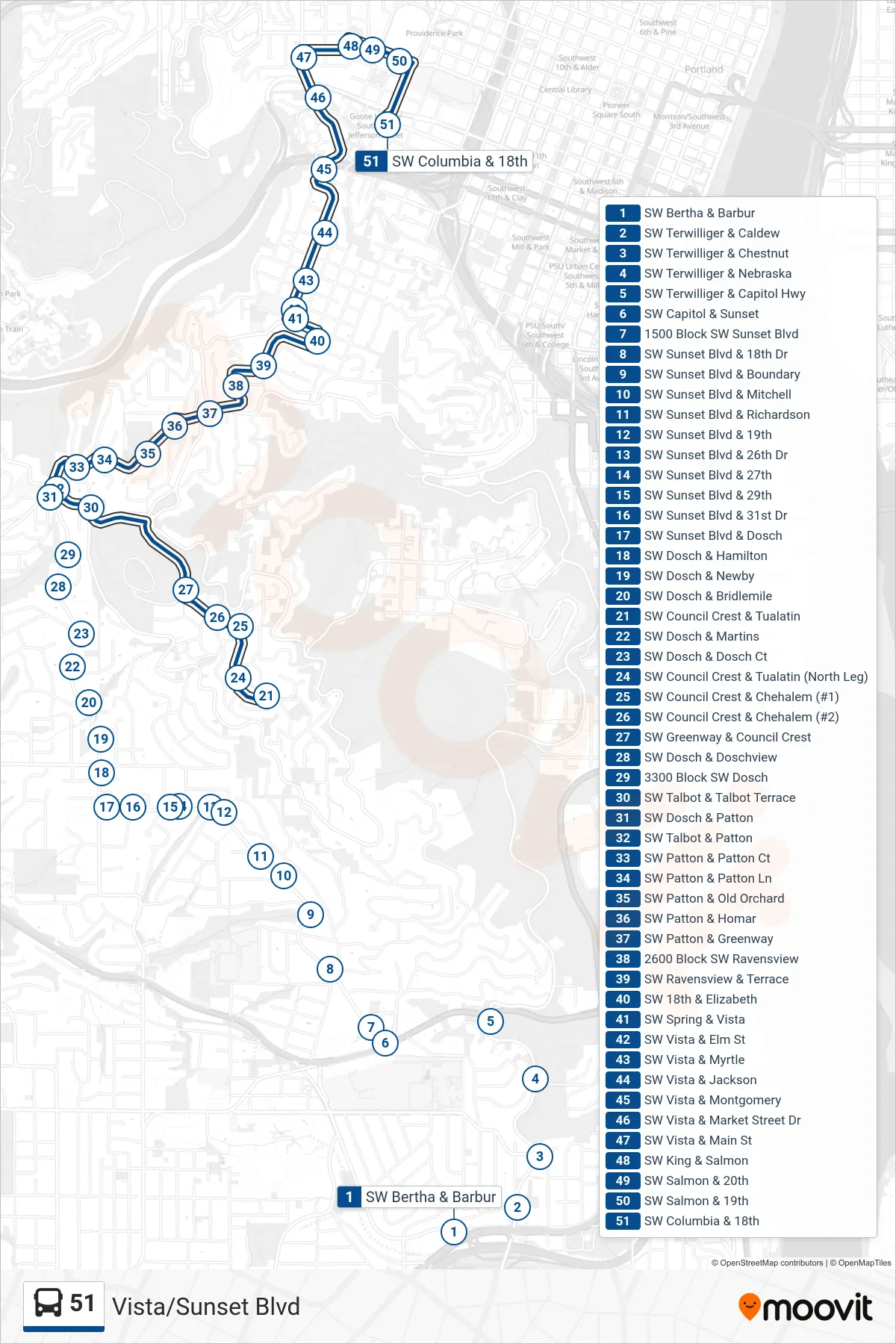 51 bus Line (SW Columbia & 18th) route and stops on a map
