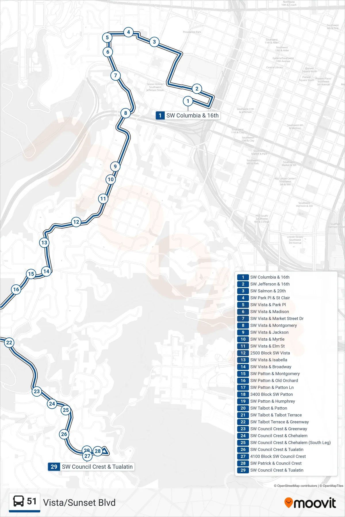 51 bus Line (SW Council Crest & Tualatin) route and stops on a map