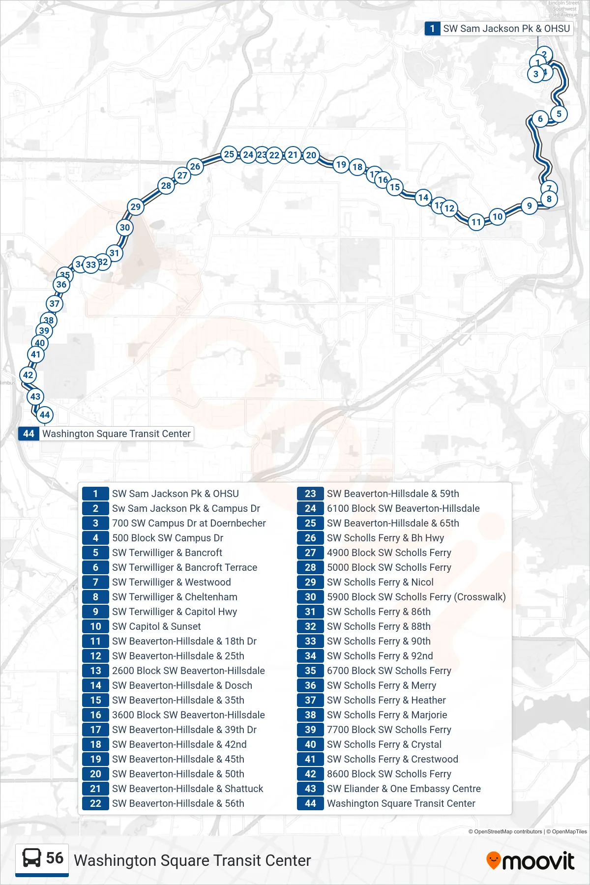 56 bus Line (Washington Square Transit Center) route and stops on a map
