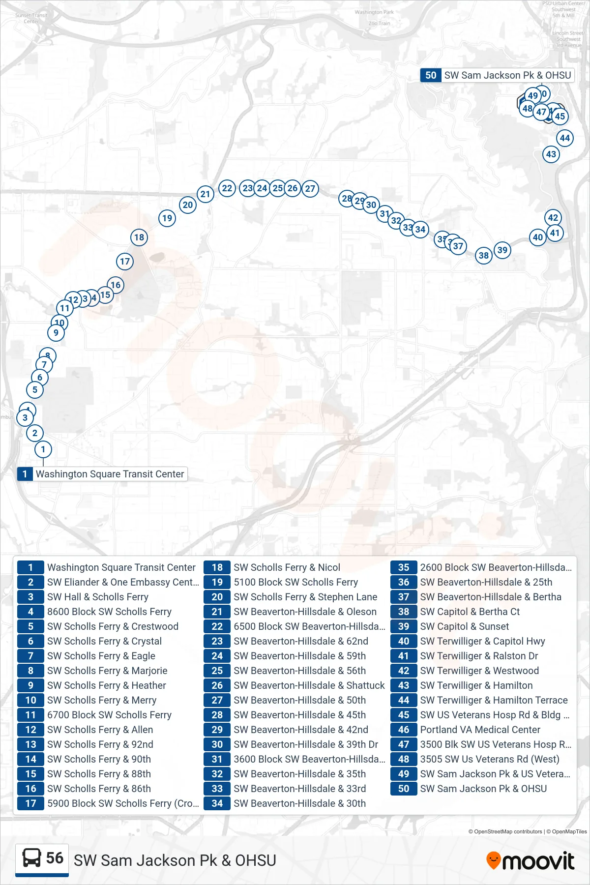56 bus Line (SW Sam Jackson Pk & OHSU) route and stops on a map