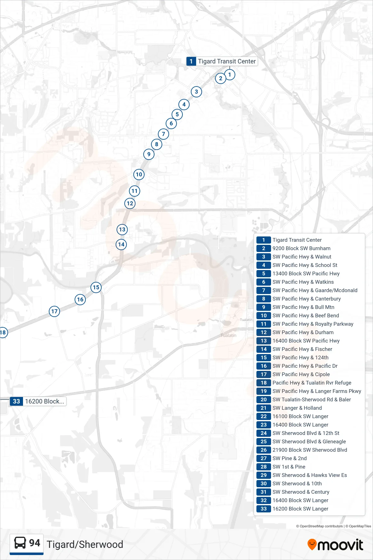 94 bus Line (16200 Block SW Langer) route and stops on a map