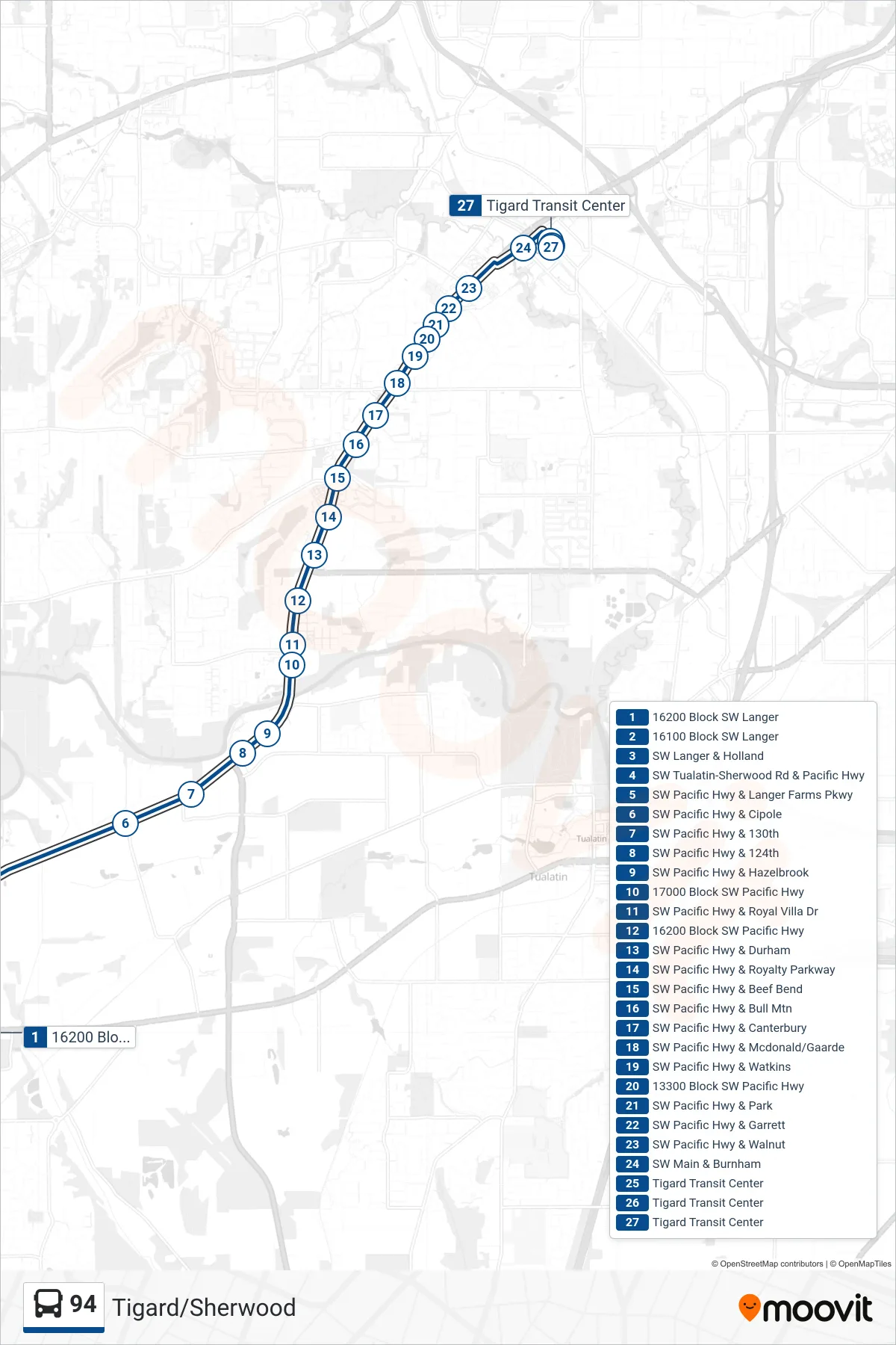 Roat Map Route Map - 94 - Tigard Transit Center - Stops