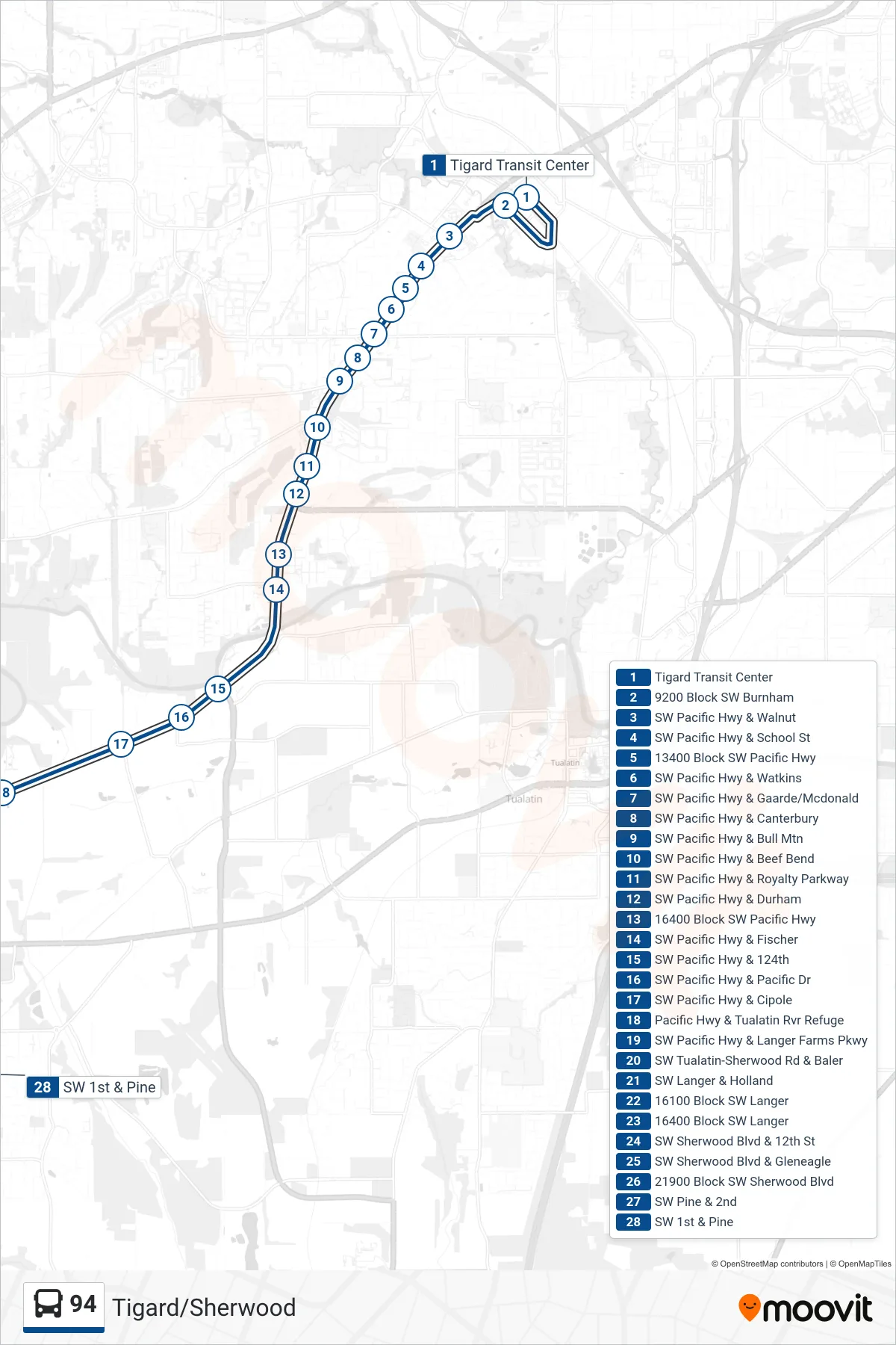 94 bus Line (SW 1st & Pine) route and stops on a map