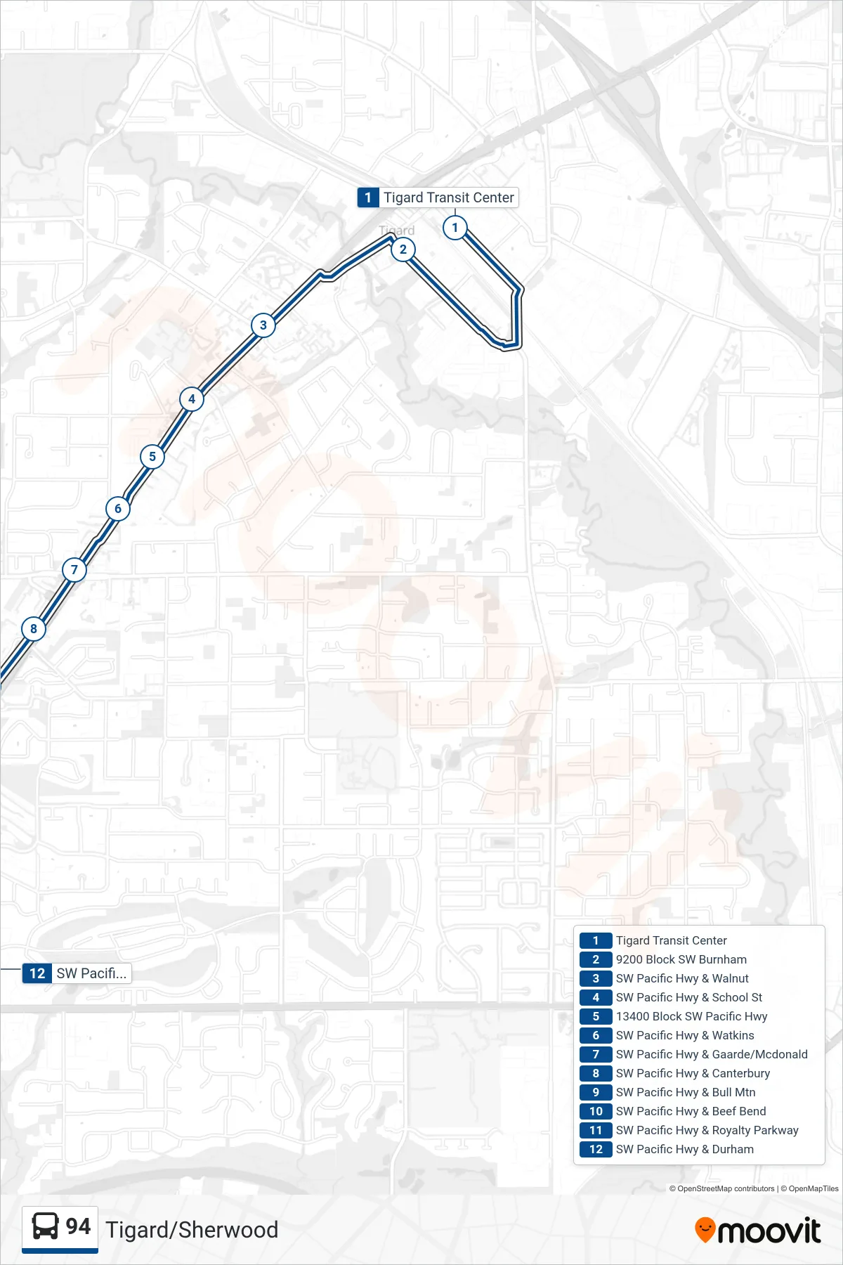 94 bus Line (SW Pacific Hwy & Durham) route and stops on a map
