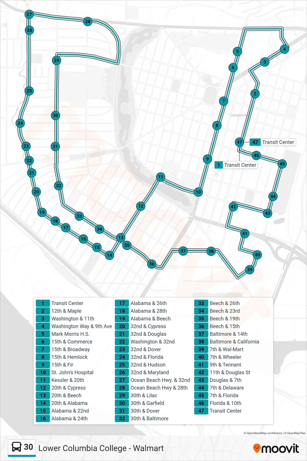 30 bus Line (Transit Center) route and stops on a map