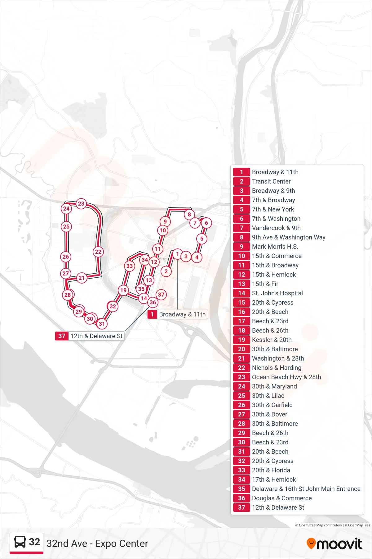 32 bus Line (Loop Route) route and stops on a map