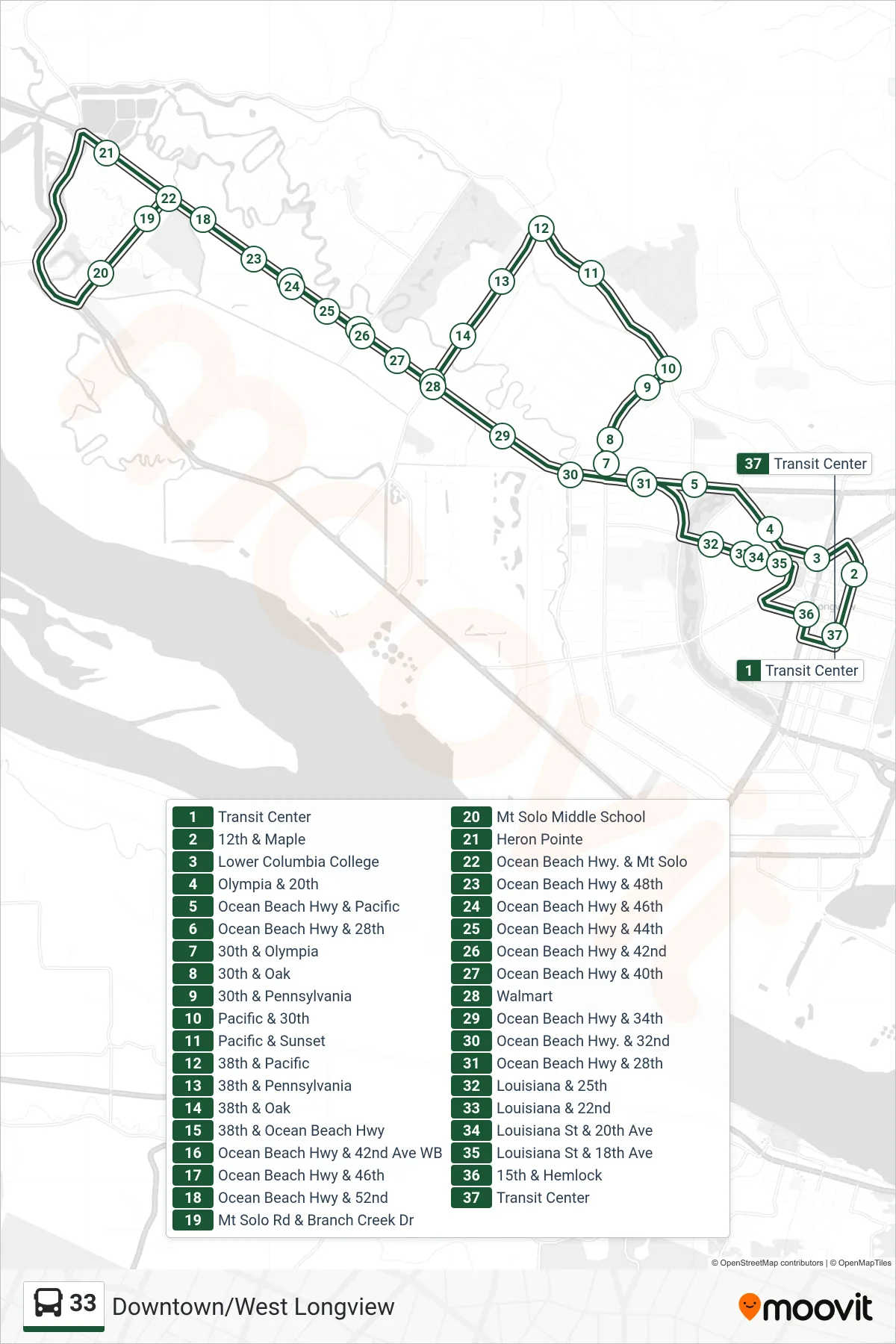 33 bus Line (Loop Route) route and stops on a map