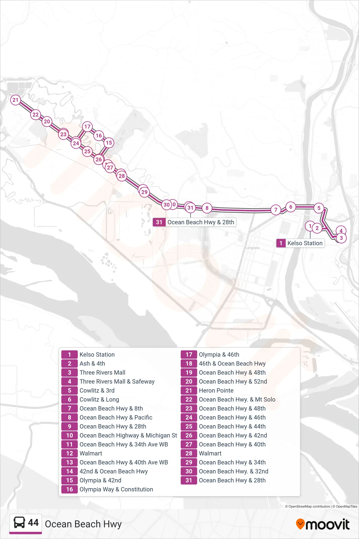 44 bus Line (Ocean Beach Hwy & 28th) route and stops on a map