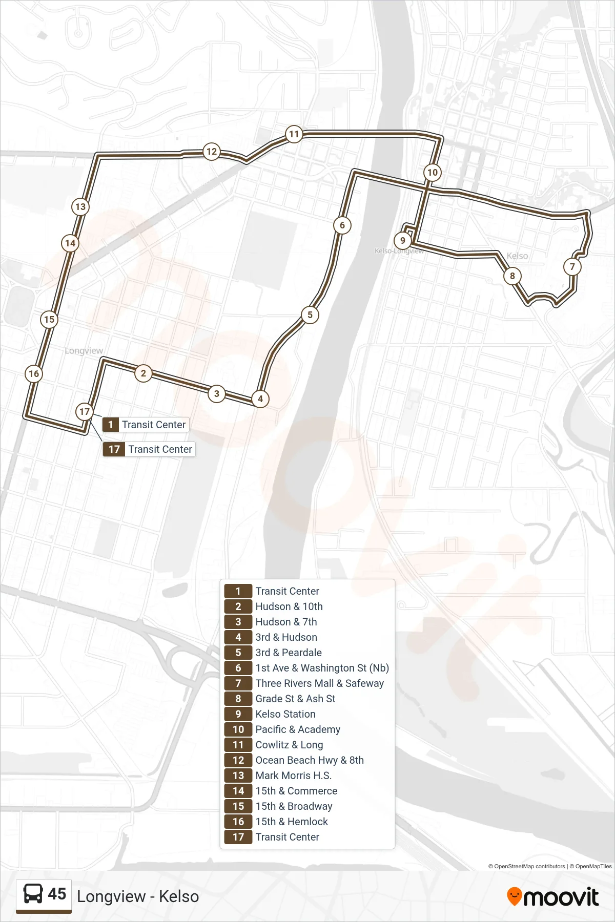 45 bus Line (Loop Route) route and stops on a map