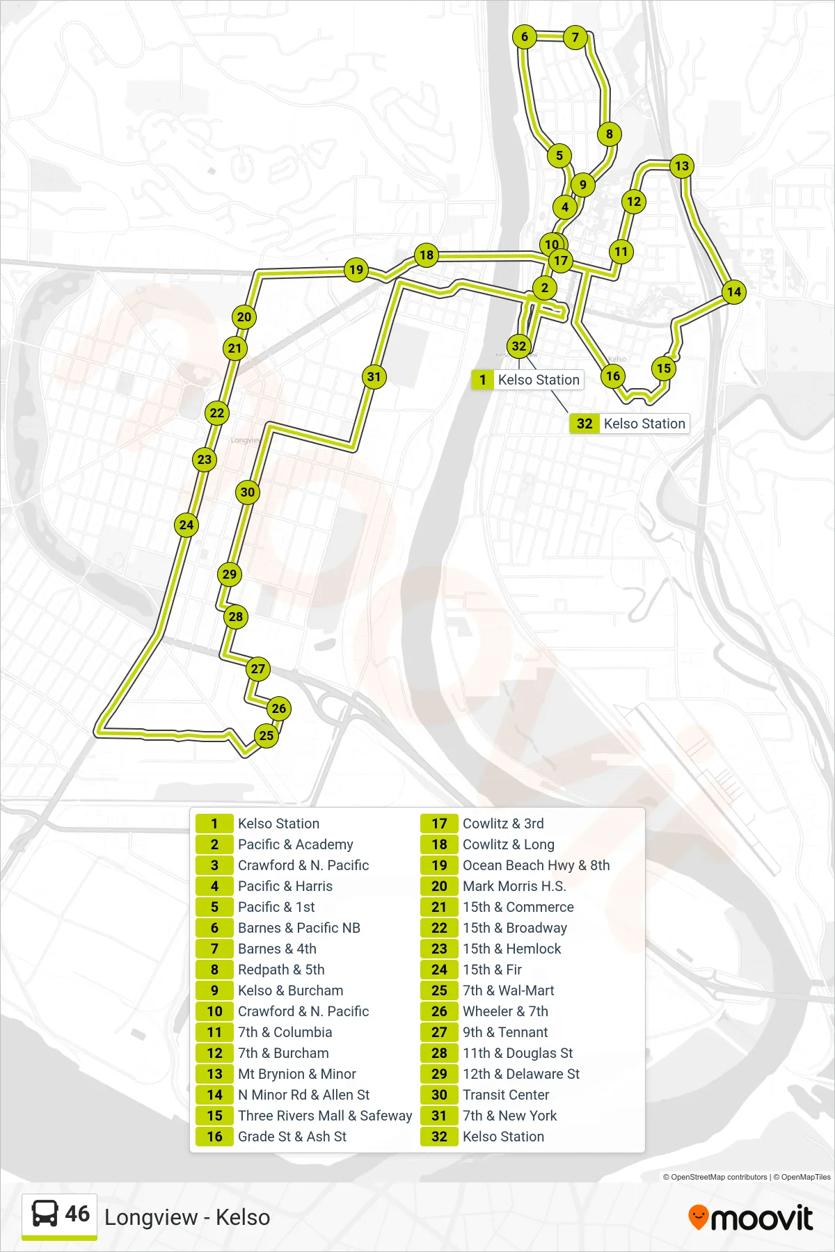 46 bus Line (Amtrak/Greyhound) route and stops on a map