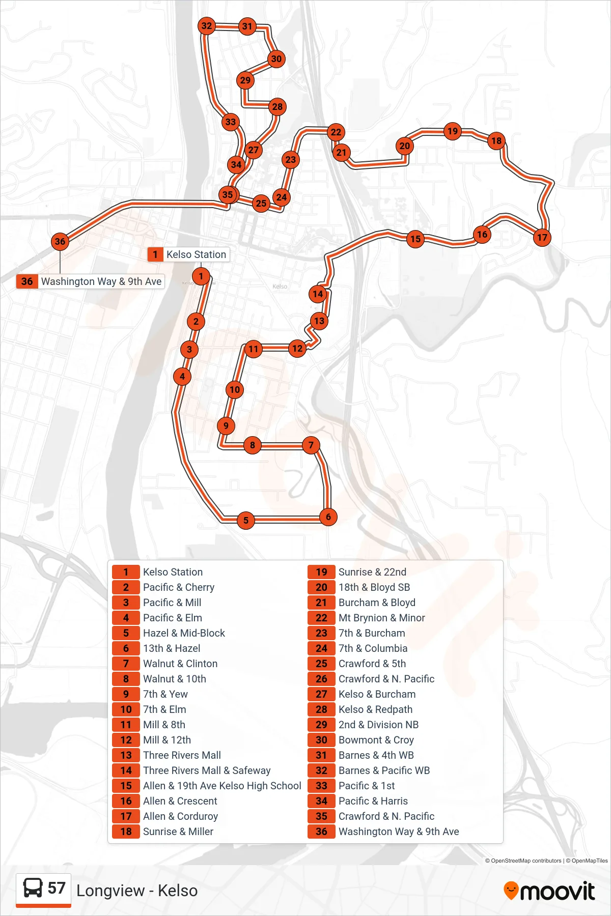57 bus Line (Washington Way & 9th Ave) route and stops on a map