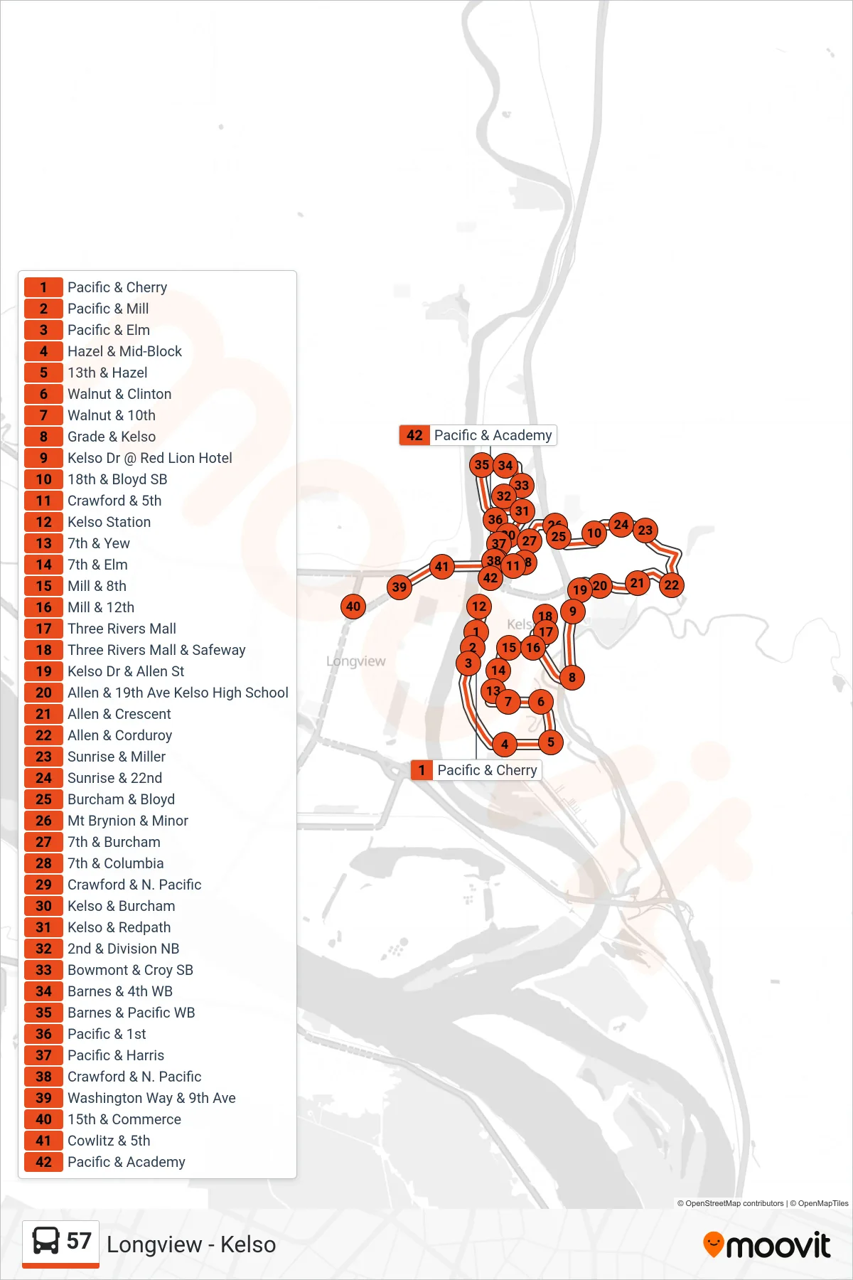 57 bus Line (Loop Route) route and stops on a map