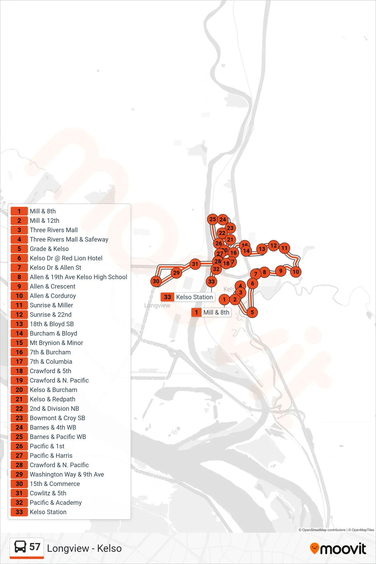 57 bus Line (Kelso Station) route and stops on a map