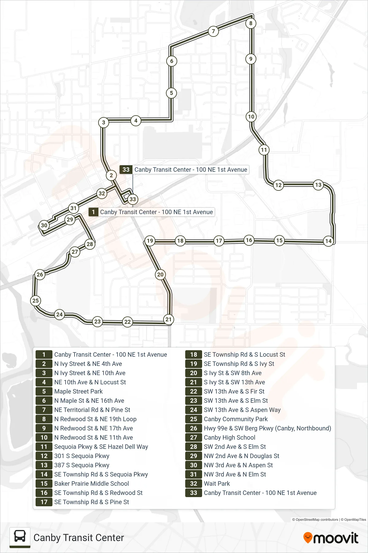 CANBY LOOP bus Line (Canby Transit Center) route and stops on a map